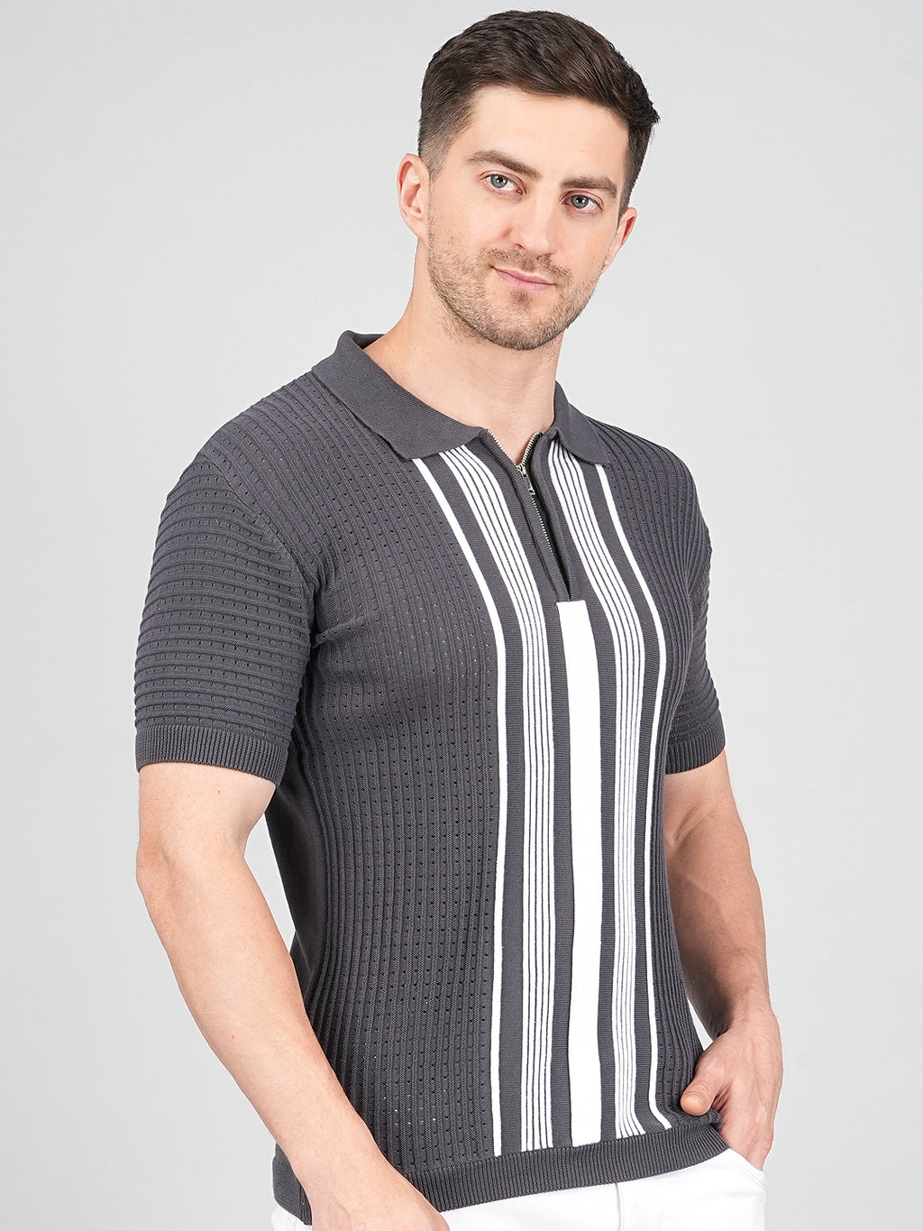 FEVERFEW Men Self Design Polo Neck Pure Cotton T-Shirt