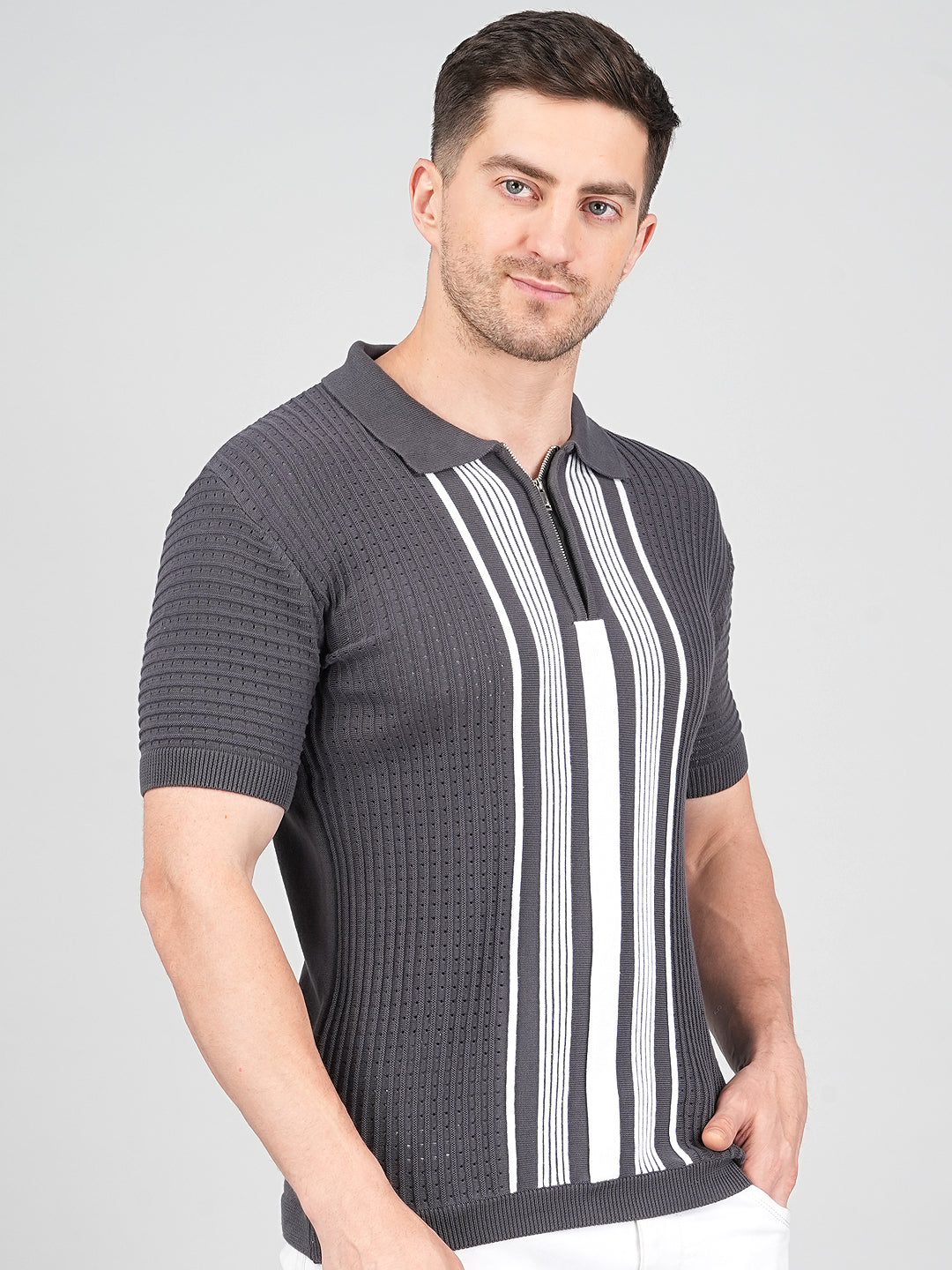 FEVERFEW Men Self Design Polo Neck Pure Cotton T-Shirt