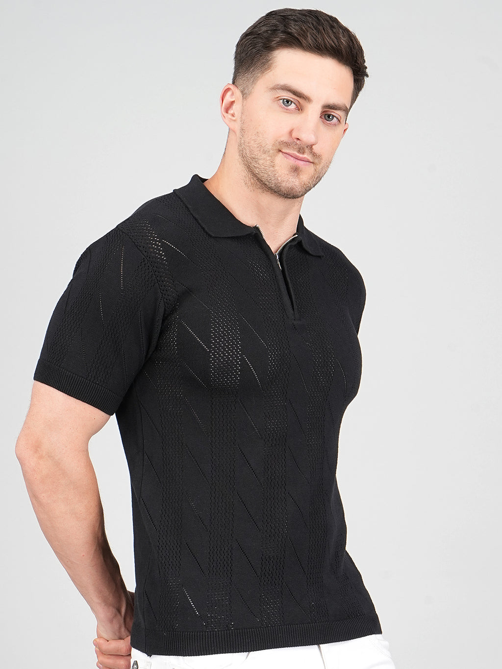 FEVERFEW Men Self Design Polo Neck Pure Cotton T-Shirt