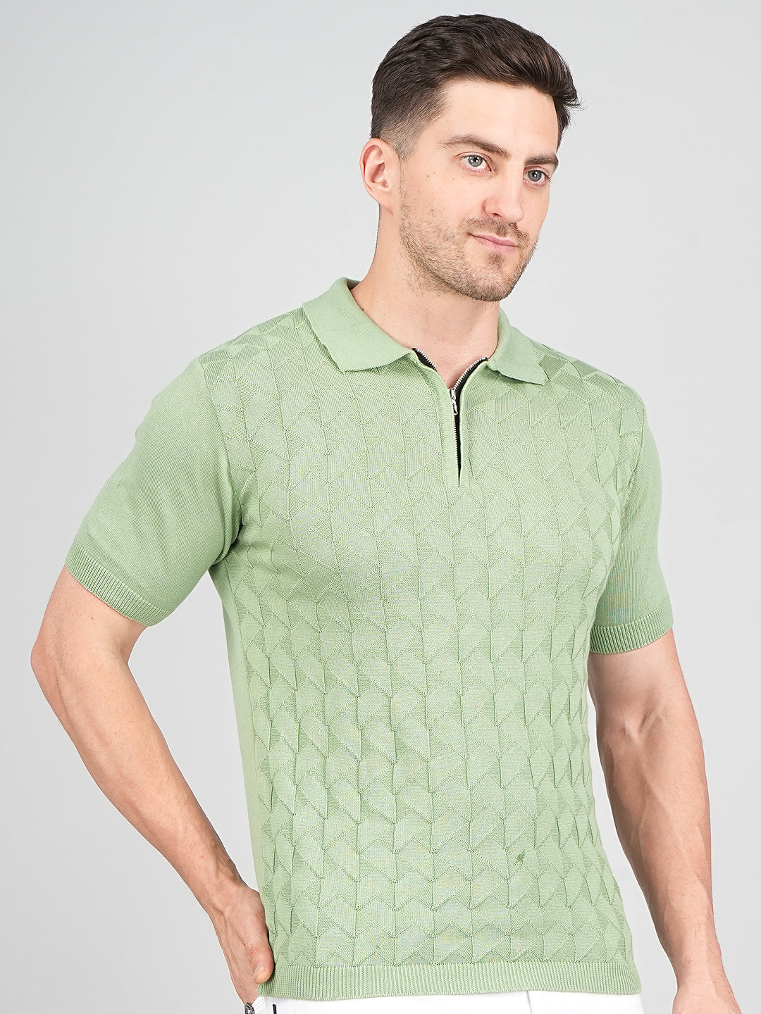 FEVERFEW Men Self Design Polo Neck Pure Cotton T-Shirt