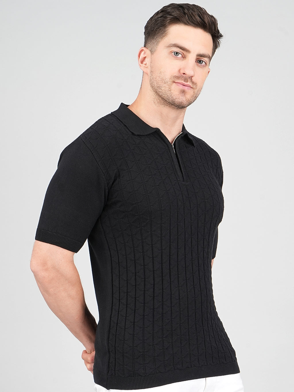 FEVERFEW Men Self Design Polo Neck Pure Cotton T-Shirt