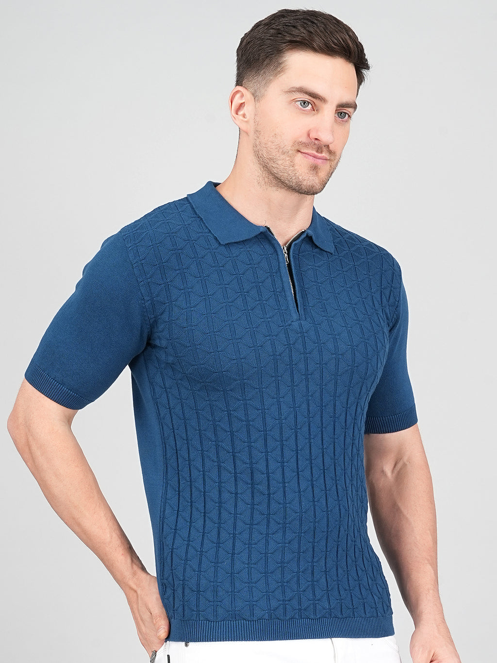 FEVERFEW Men Self Design Polo Neck Pure Cotton T-Shirt