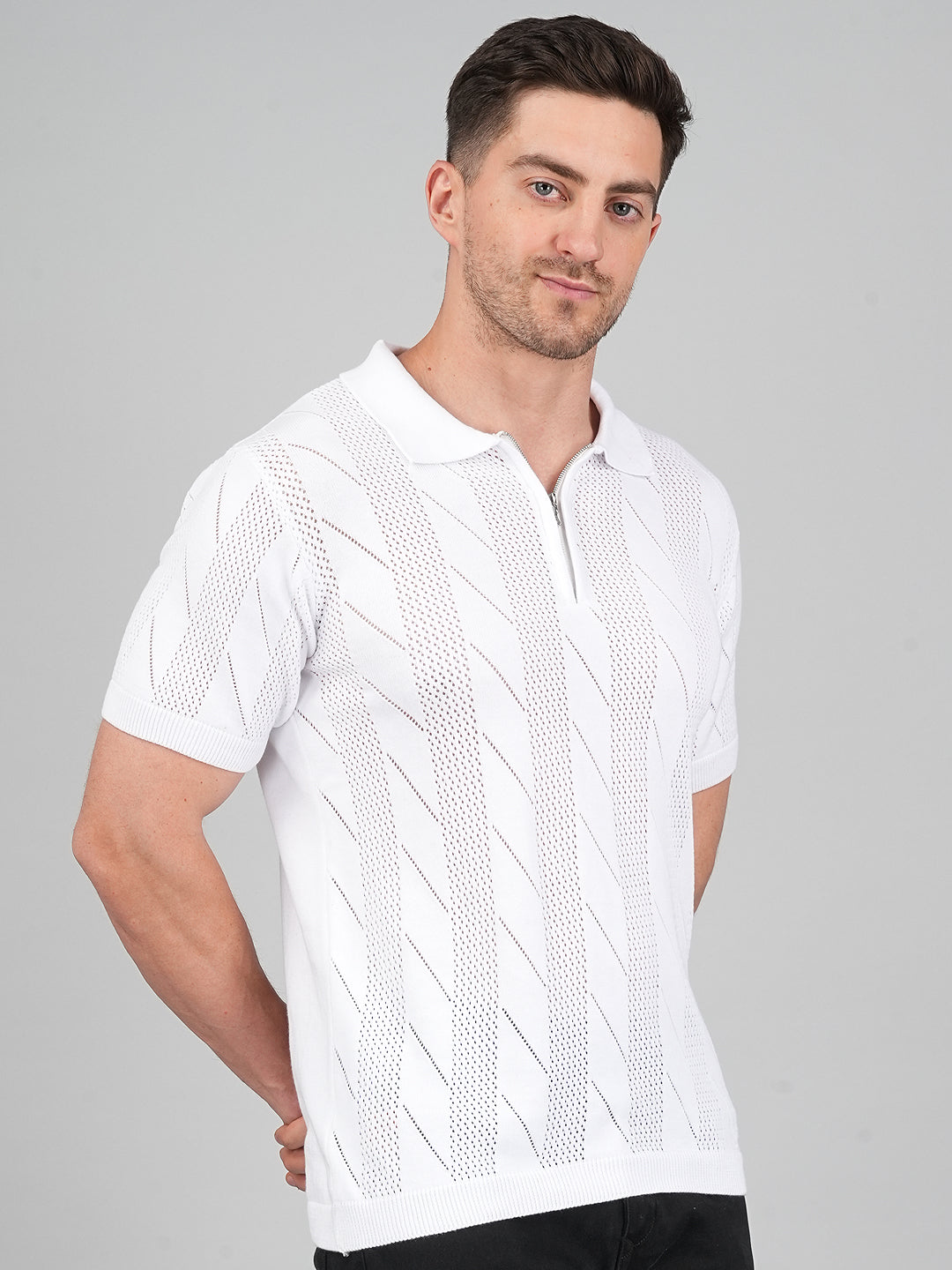 FEVERFEW Men Self Design Polo Neck Pure Cotton T-Shirt
