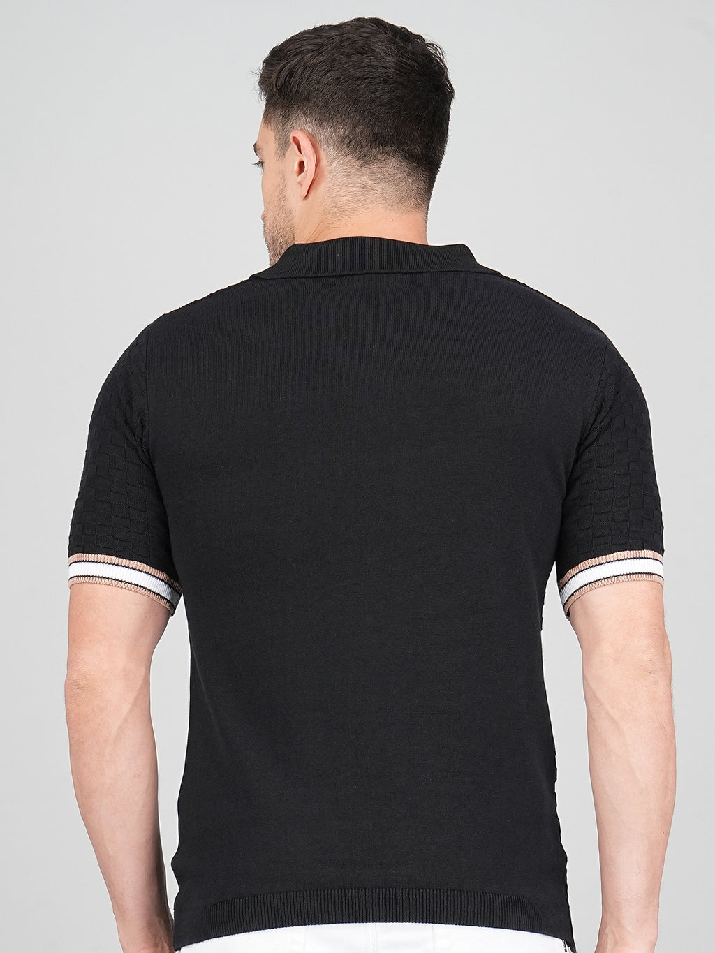 FEVERFEW Men Self Design Polo Neck Pure Cotton T-Shirt