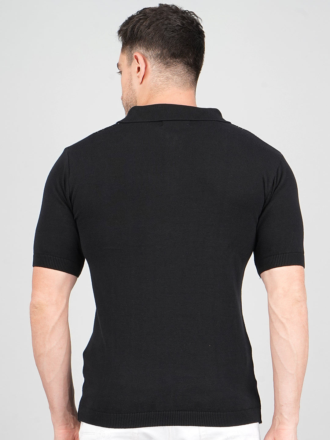 FEVERFEW Men Self Design Polo Neck Pure Cotton T-Shirt