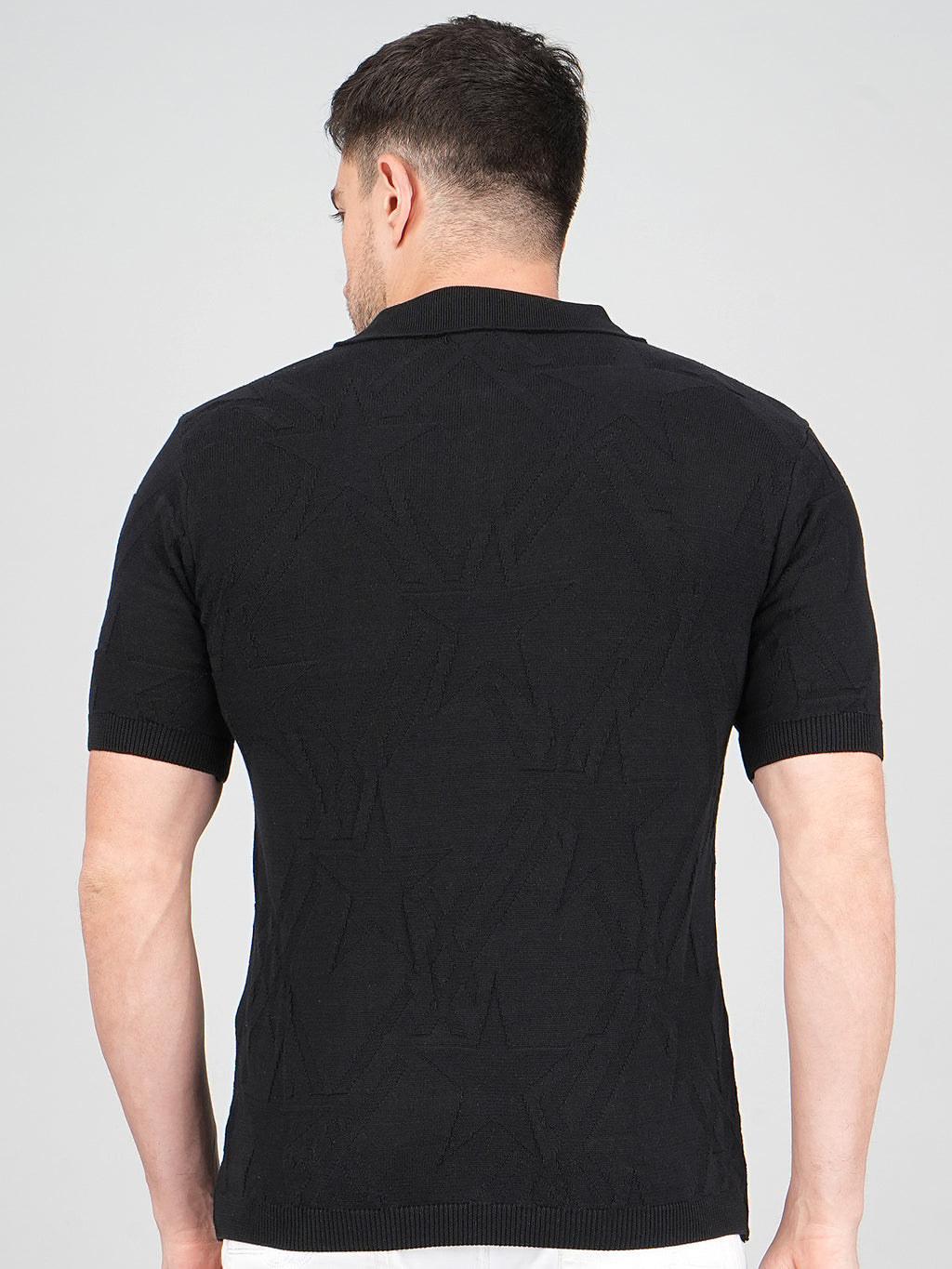 FEVERFEW Men Self Design Polo Neck Pure Cotton T-Shirt