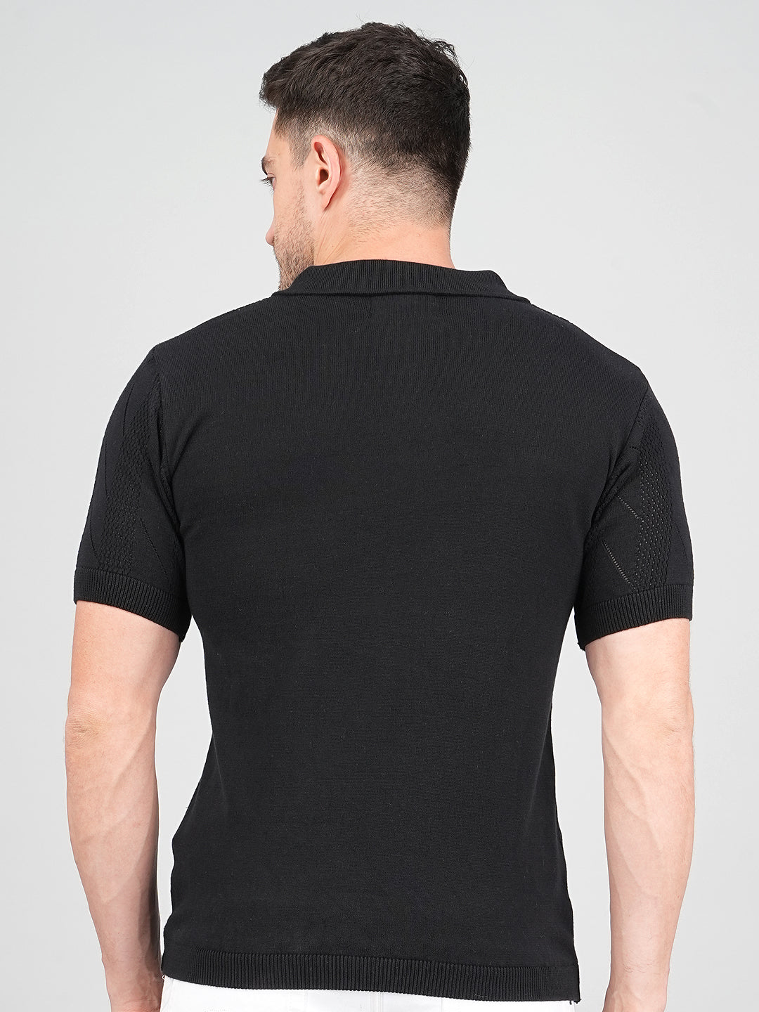 FEVERFEW Men Self Design Polo Neck Pure Cotton T-Shirt