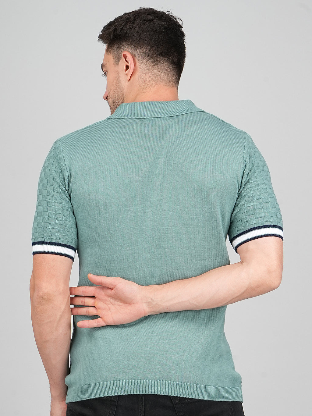 FEVERFEW Men Self Design Polo Neck Pure Cotton T-Shirt