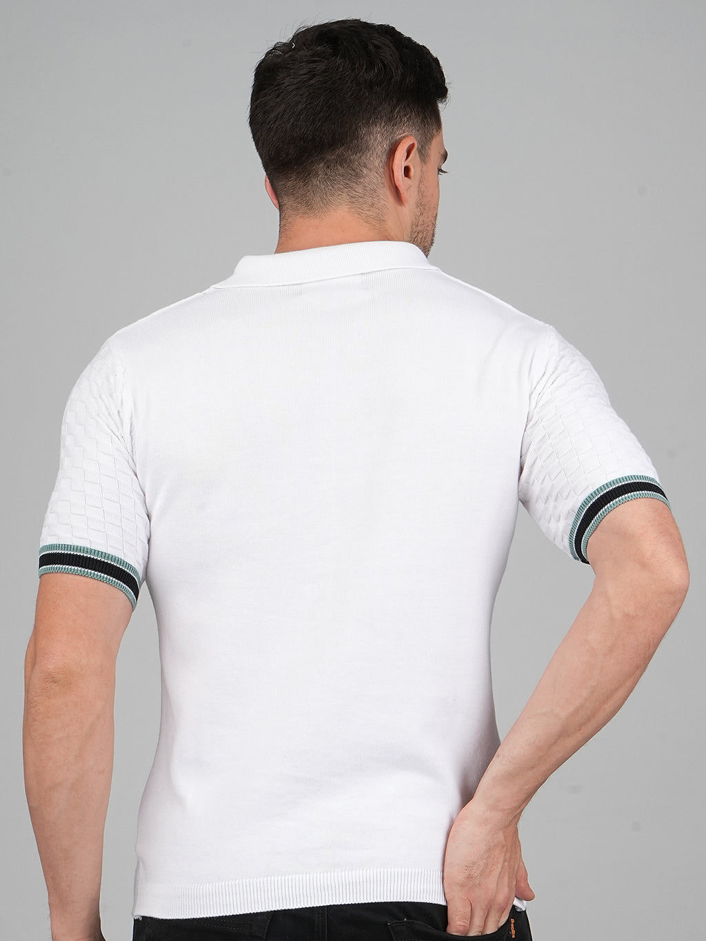 FEVERFEW Men Self Design Polo Neck Pure Cotton T-Shirt