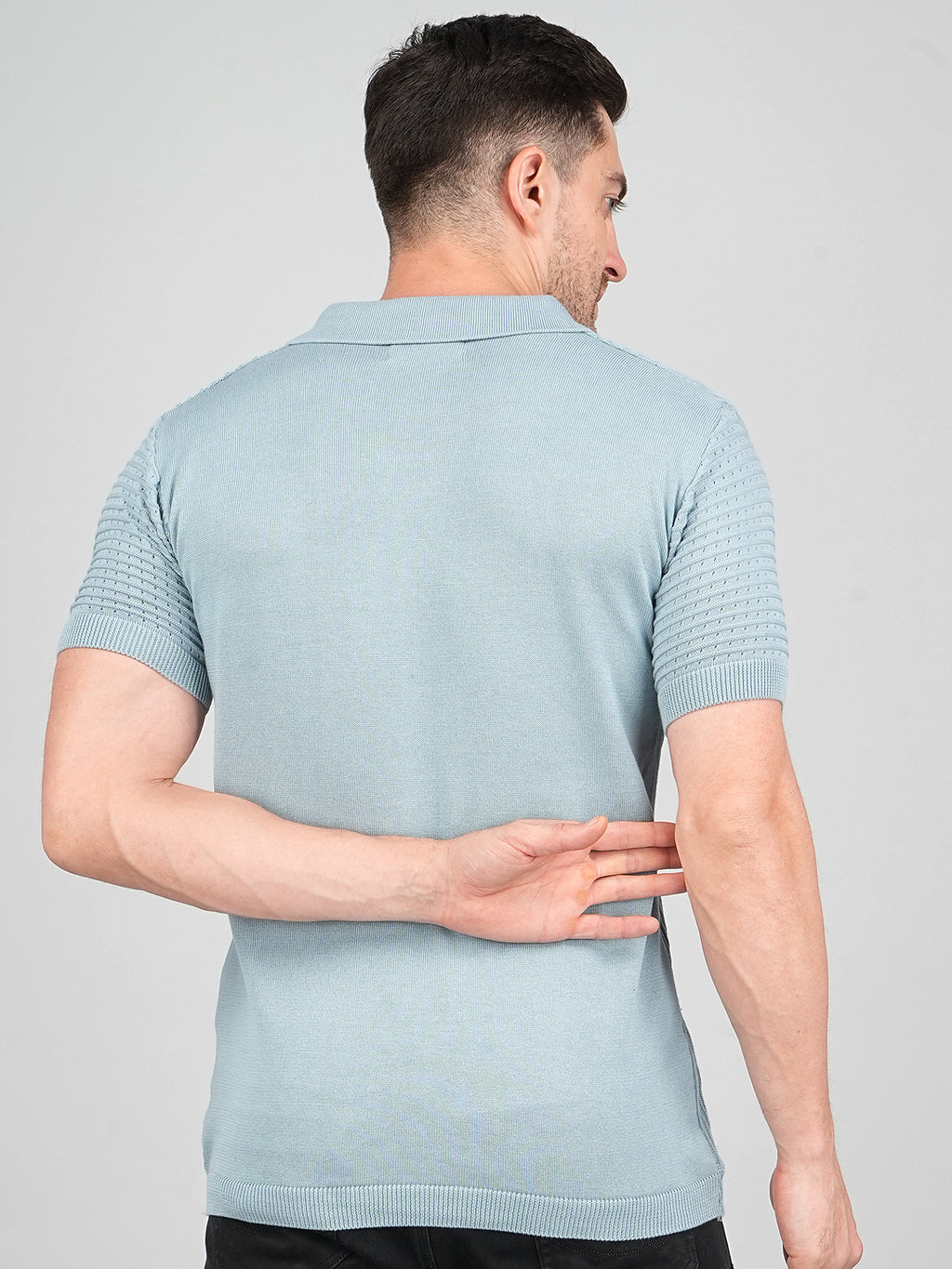 FEVERFEW Men Self Design Polo Neck Pure Cotton T-Shirt