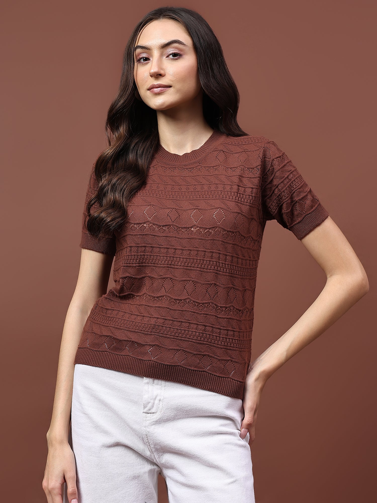FEVERFEW Party Regular Sleeves Self Design Women Top