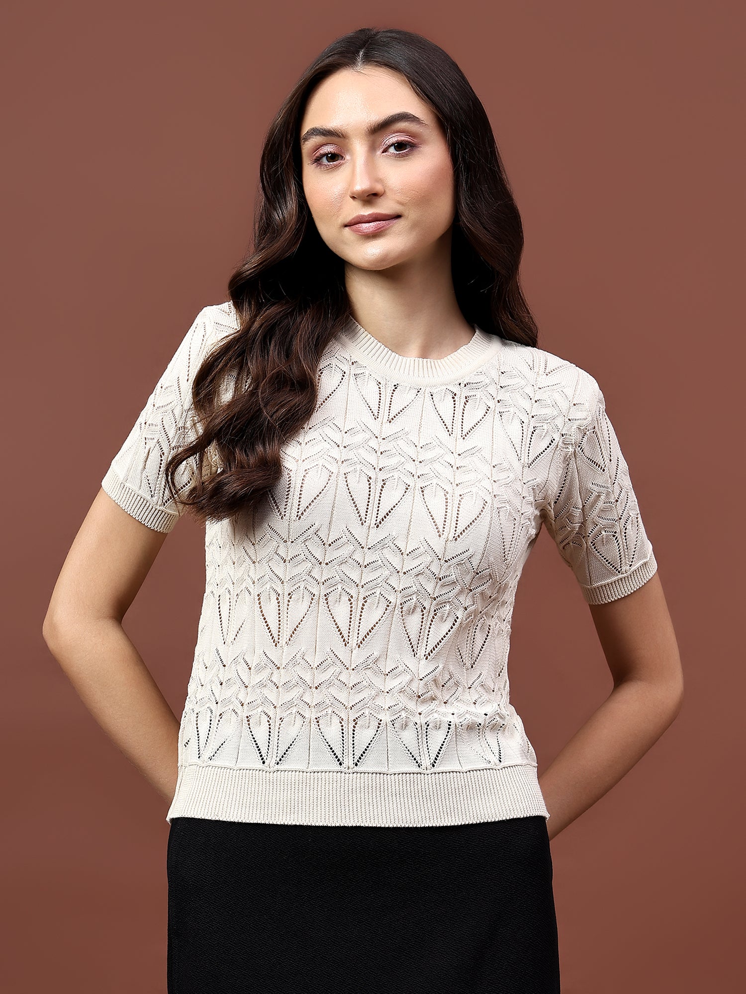FEVERFEW Party Regular Sleeves Self Design Women Top