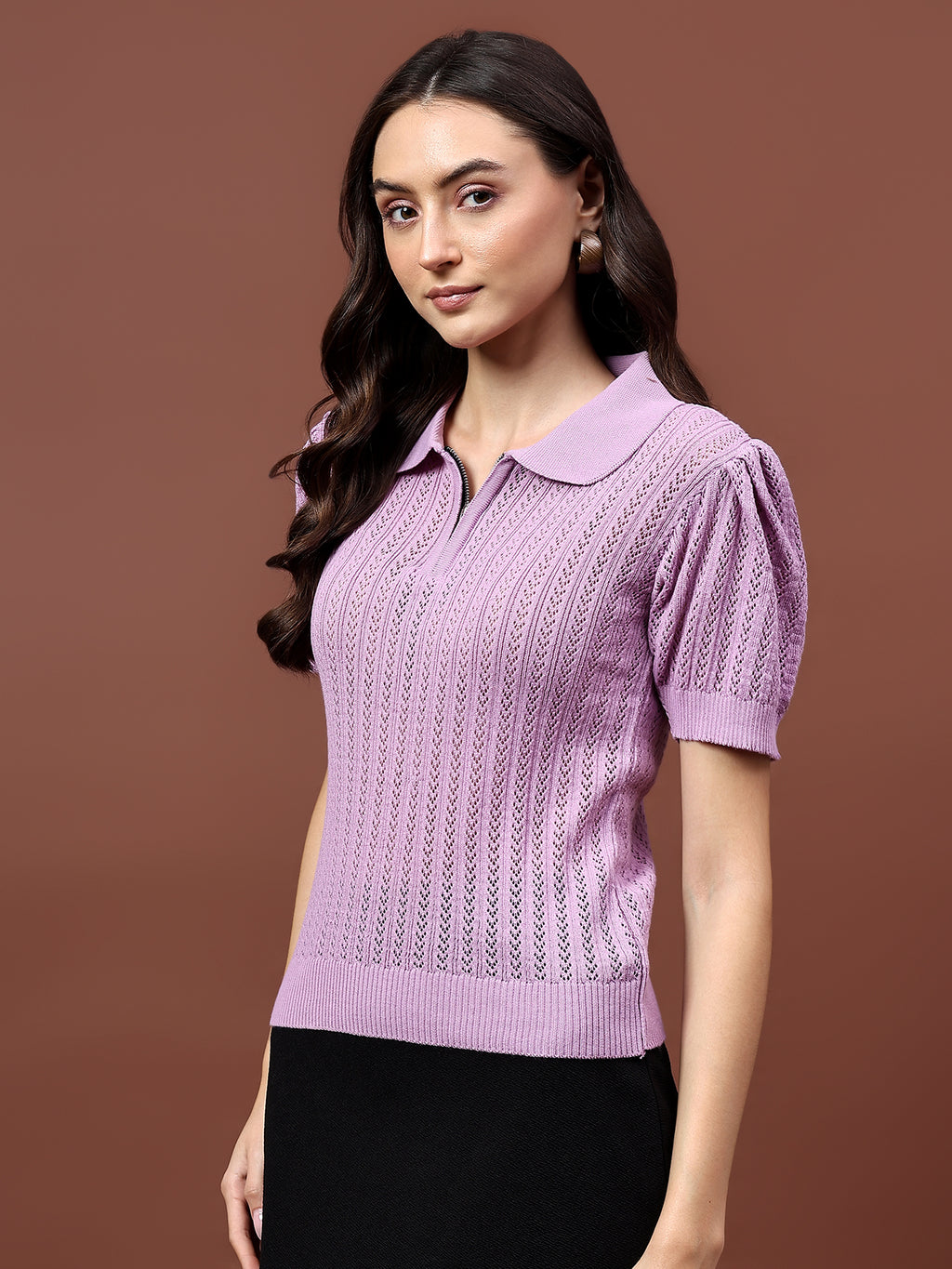 FEVERFEW Casual Regular Sleeves Self Design Women Half Zip Top