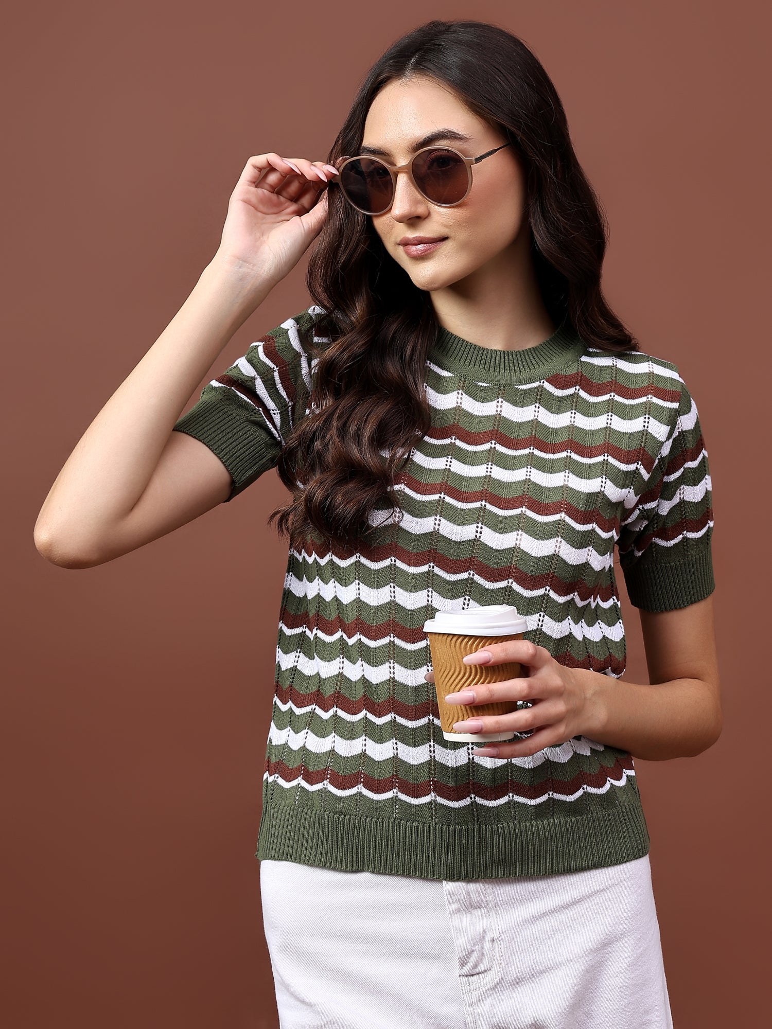 FEVERFEW Casual Regular Sleeves Striped Women Top