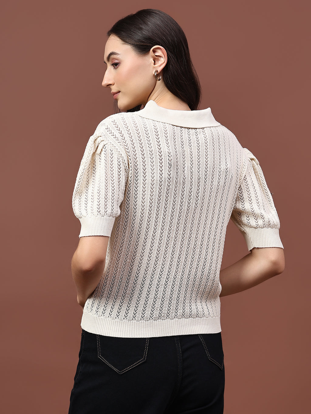 FEVERFEW Casual Regular Sleeves Self Design Women Half Zip Top