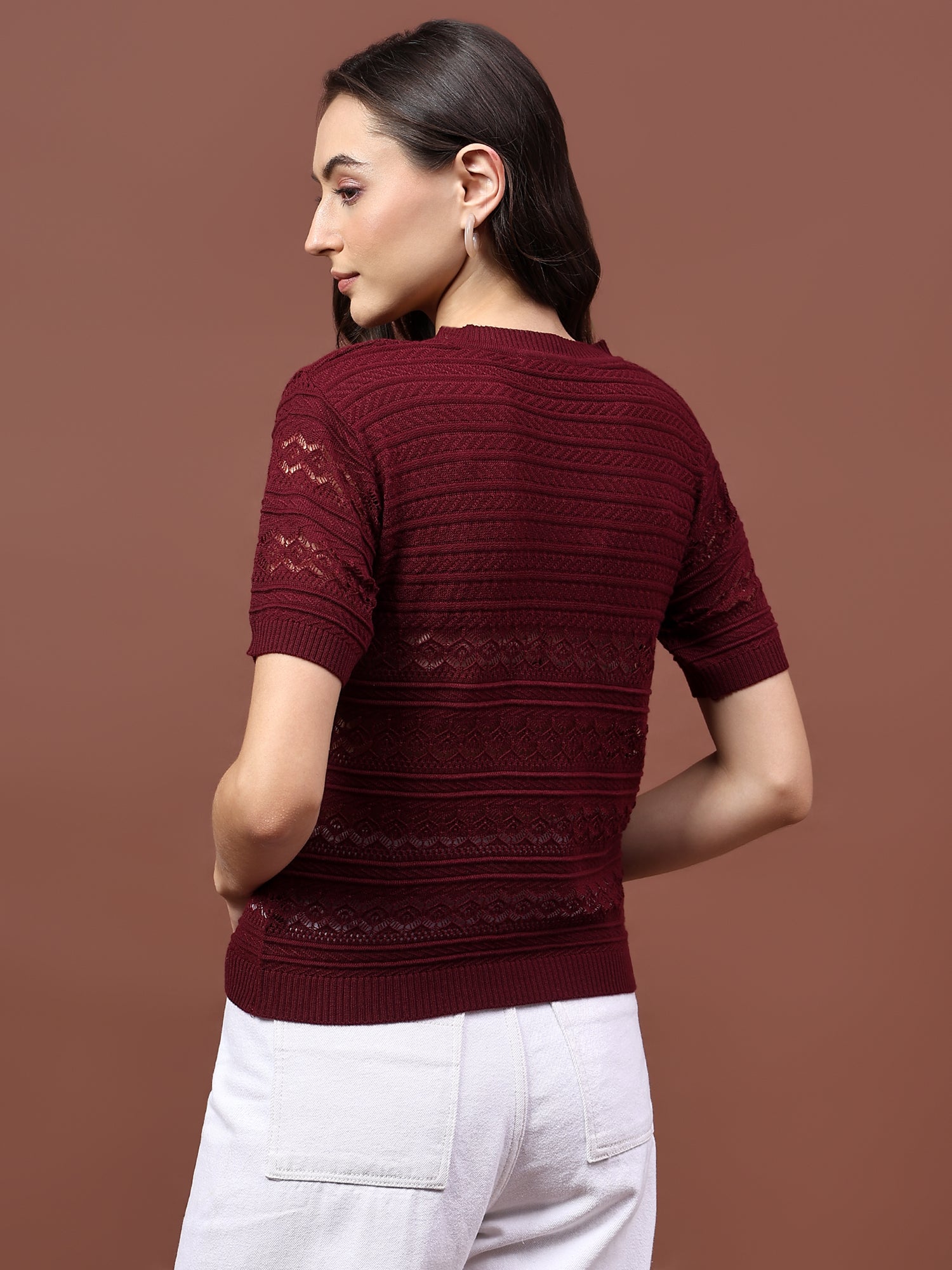 FEVERFEW Party Regular Sleeves Self Design Women Top