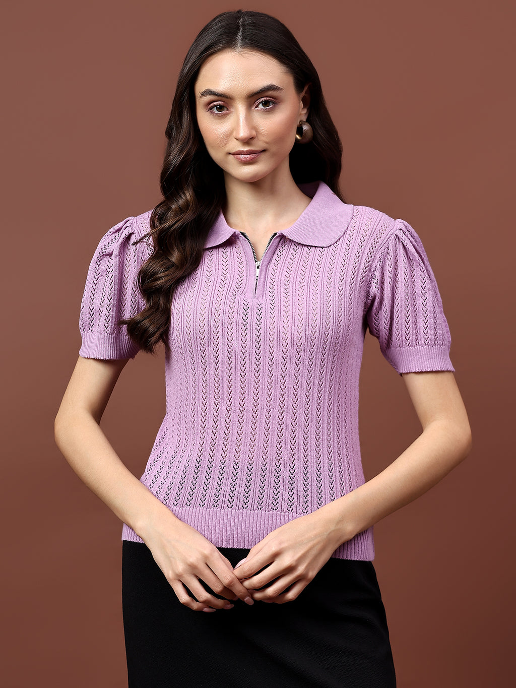 FEVERFEW Casual Regular Sleeves Self Design Women Half Zip Top
