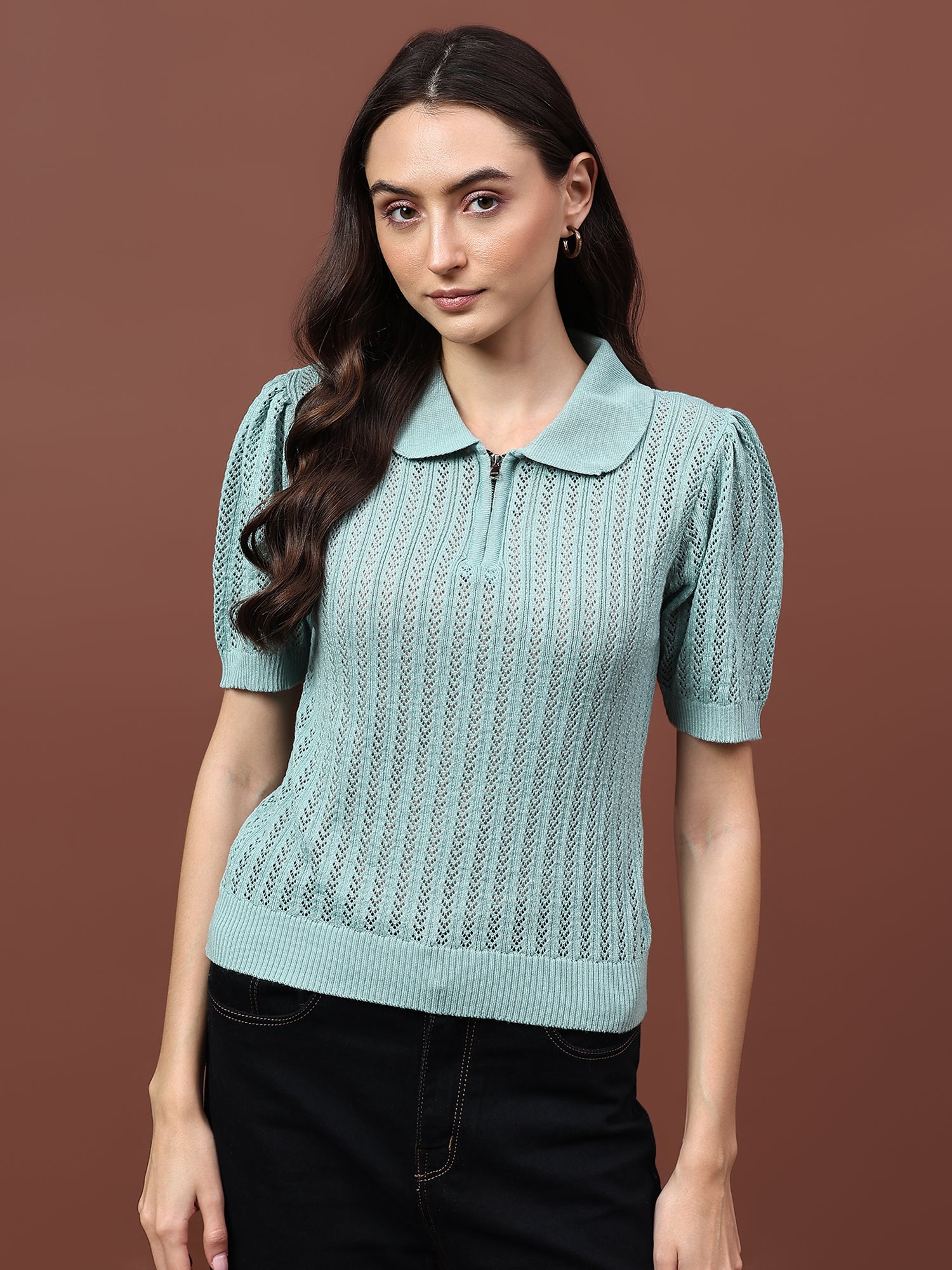 FEVERFEW Casual Regular Sleeves Self Design Women Half Zip Top