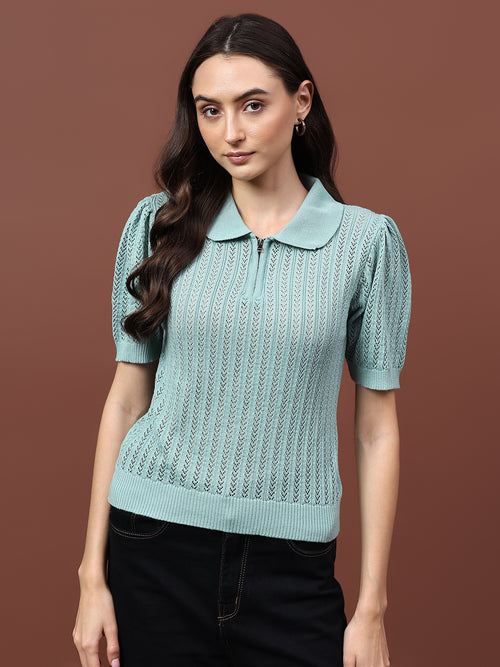 FEVERFEW Casual Regular Sleeves Self Design Women Half Zip Top