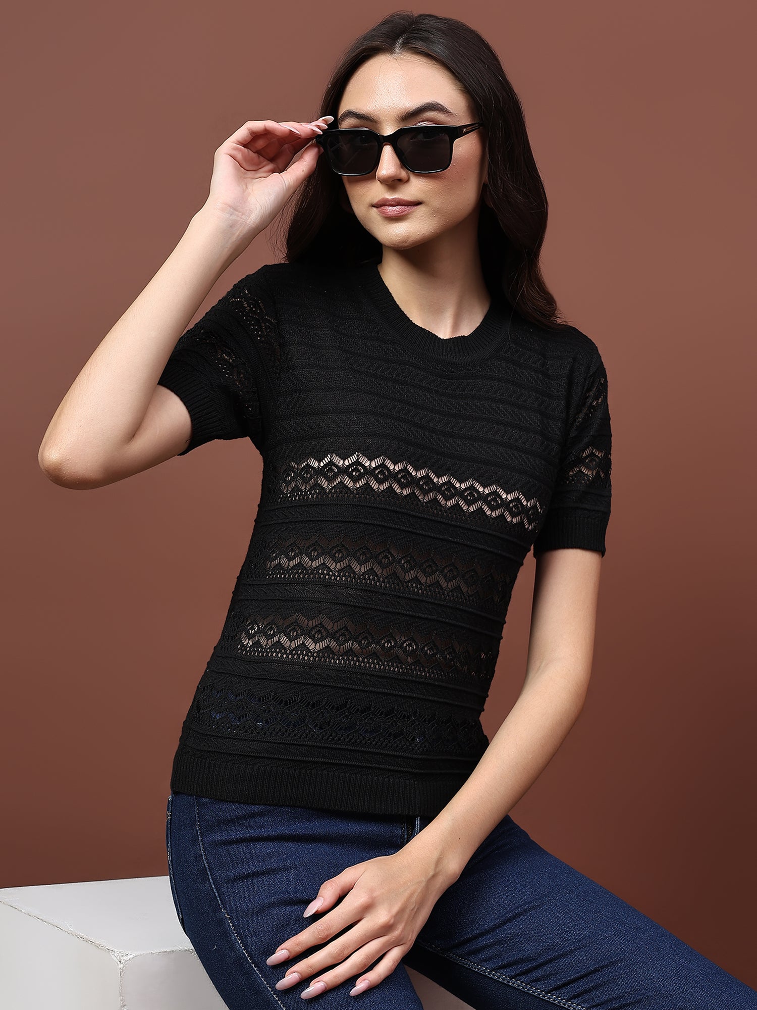 FEVERFEW Party Regular Sleeves Self Design Women Top