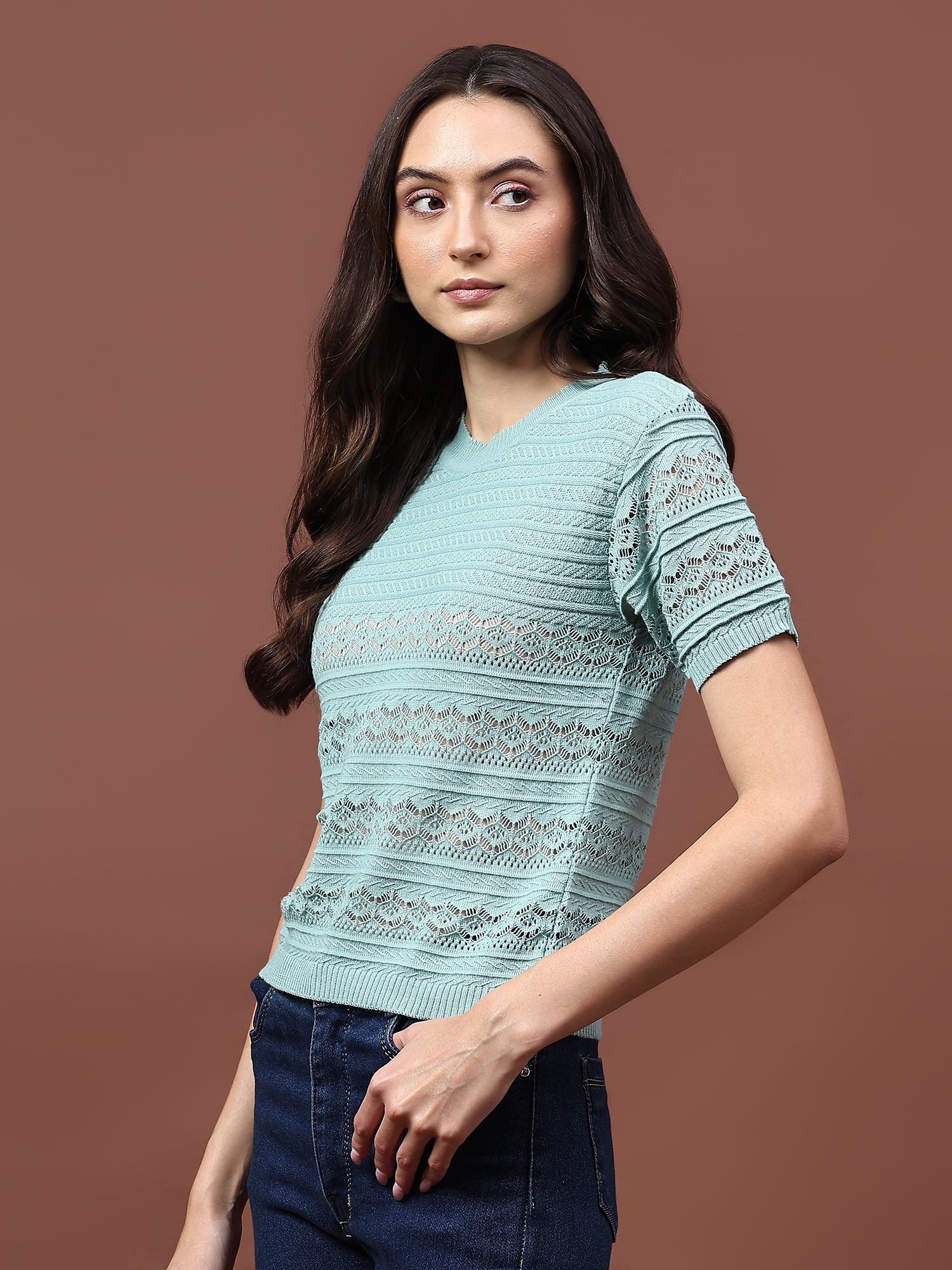 FEVERFEW Party Regular Sleeves Self Design Women Top