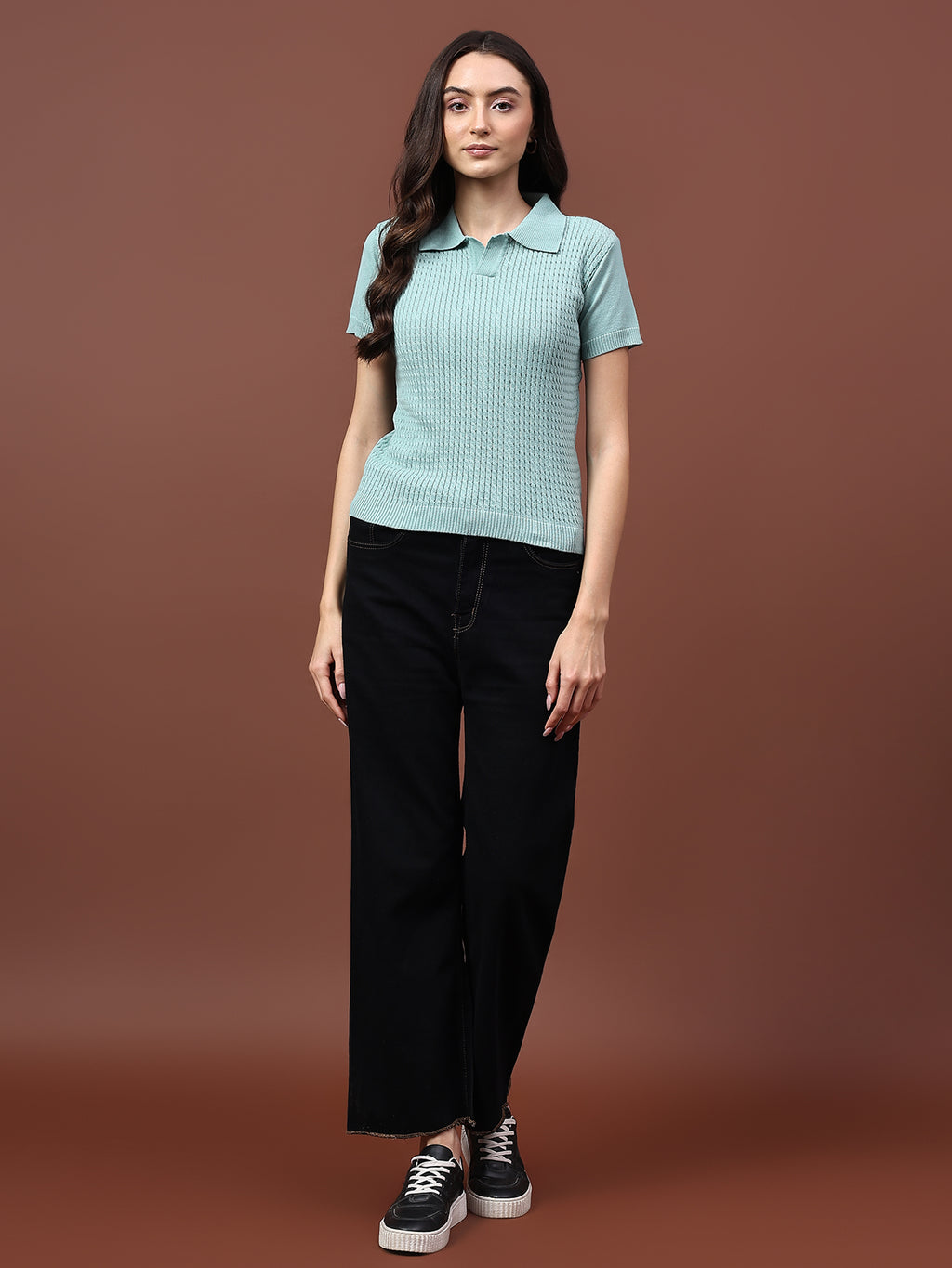 FEVERFEW Casual Regular Sleeves Solid Cable Knit Women   Top