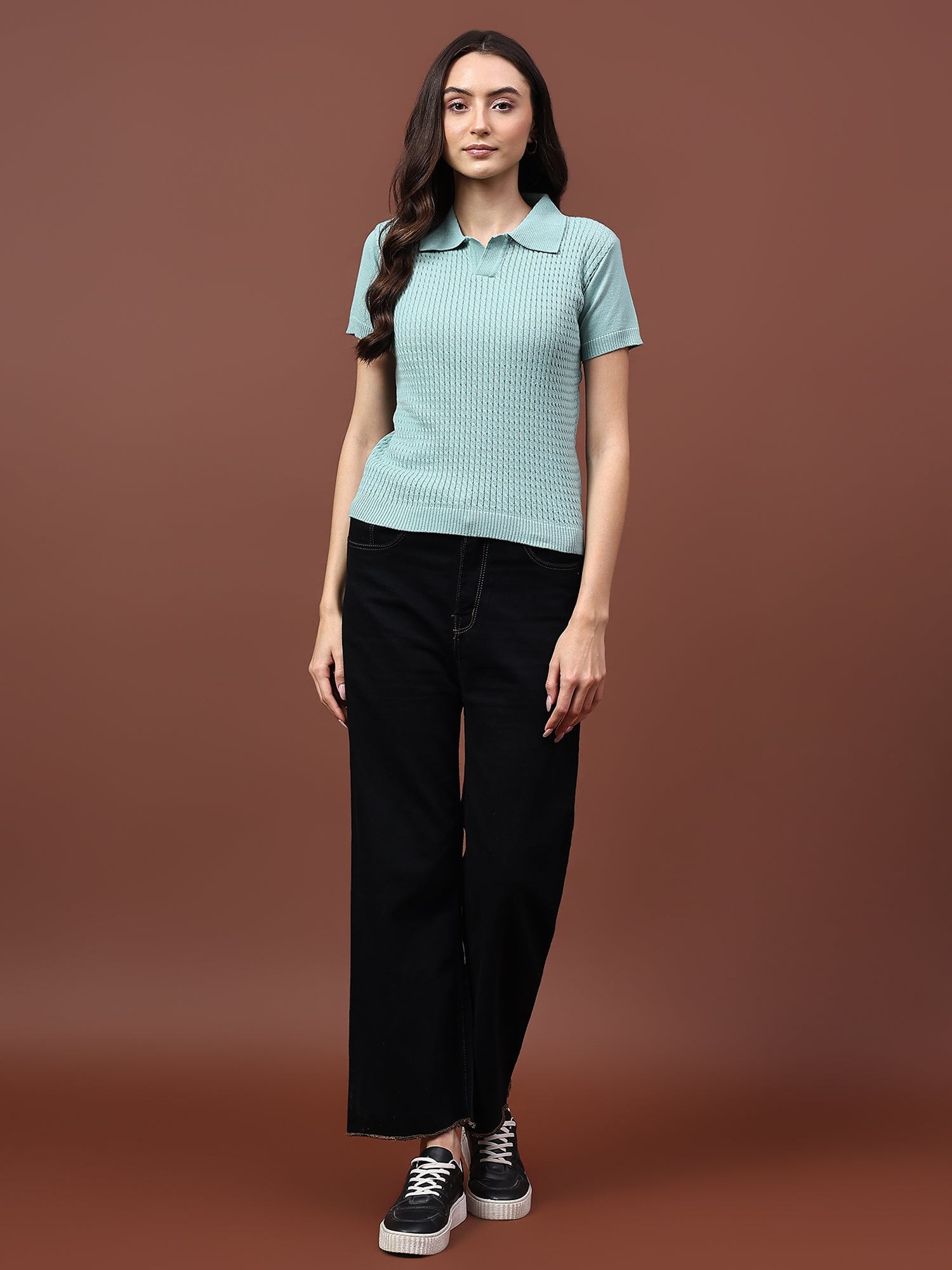 FEVERFEW Casual Regular Sleeves Solid Cable Knit Women   Top