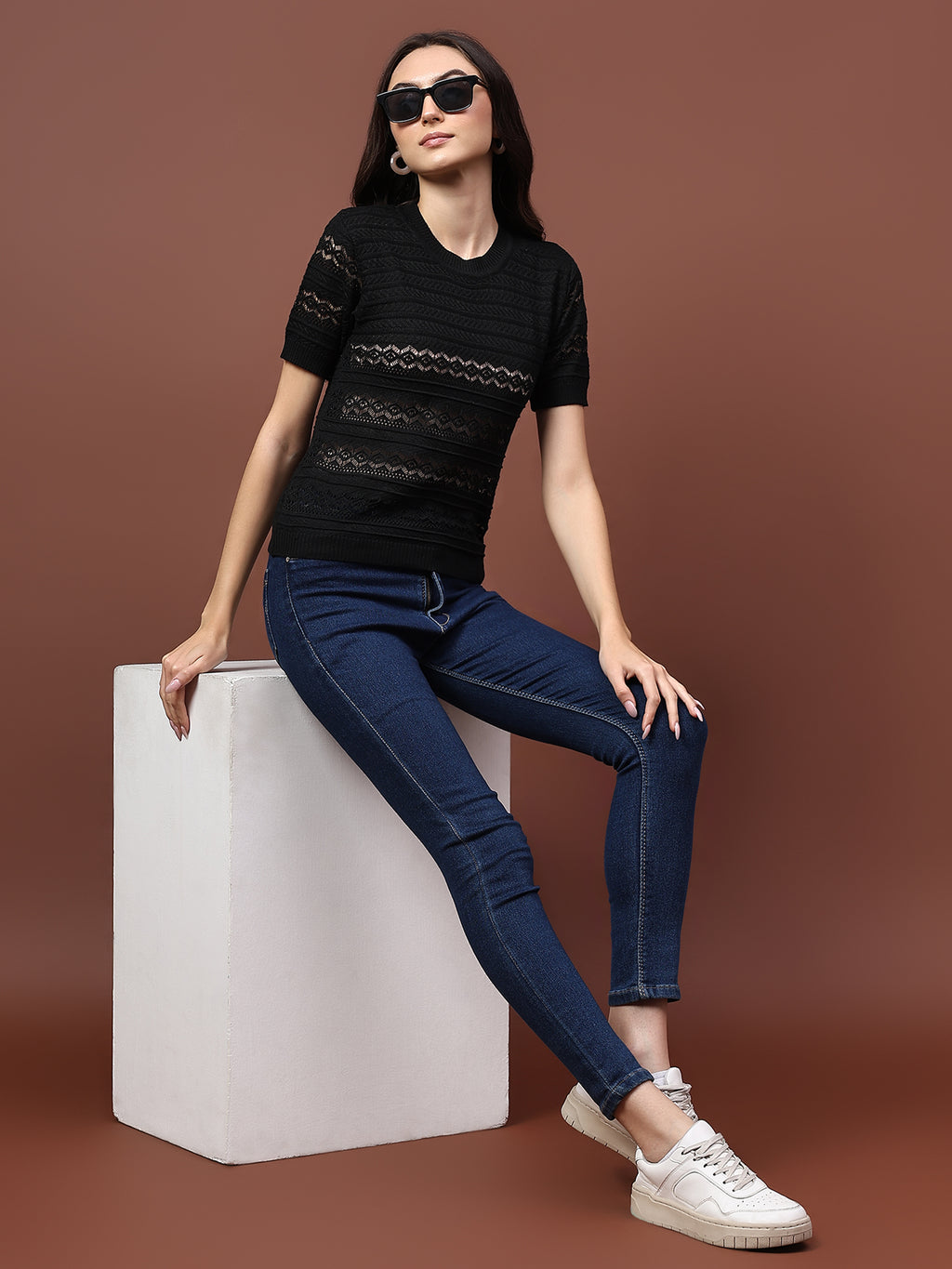 FEVERFEW Party Regular Sleeves Self Design Women Top