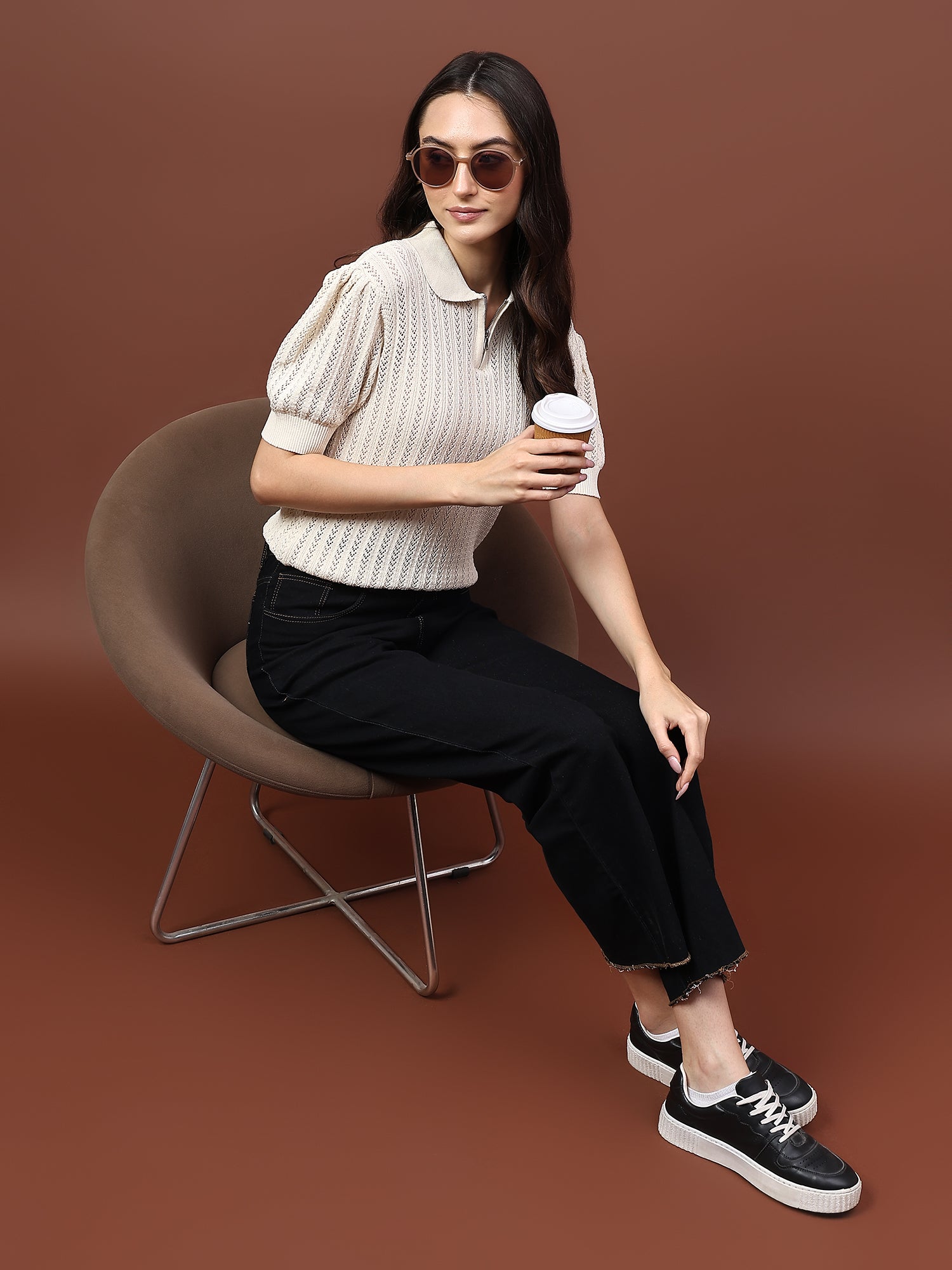 FEVERFEW Casual Regular Sleeves Self Design Women Half Zip Top