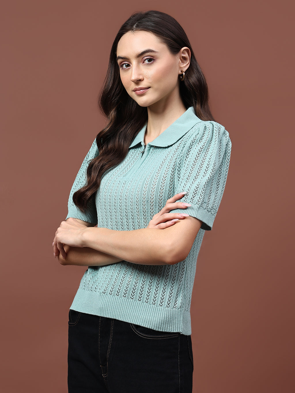 FEVERFEW Casual Regular Sleeves Self Design Women Half Zip Top