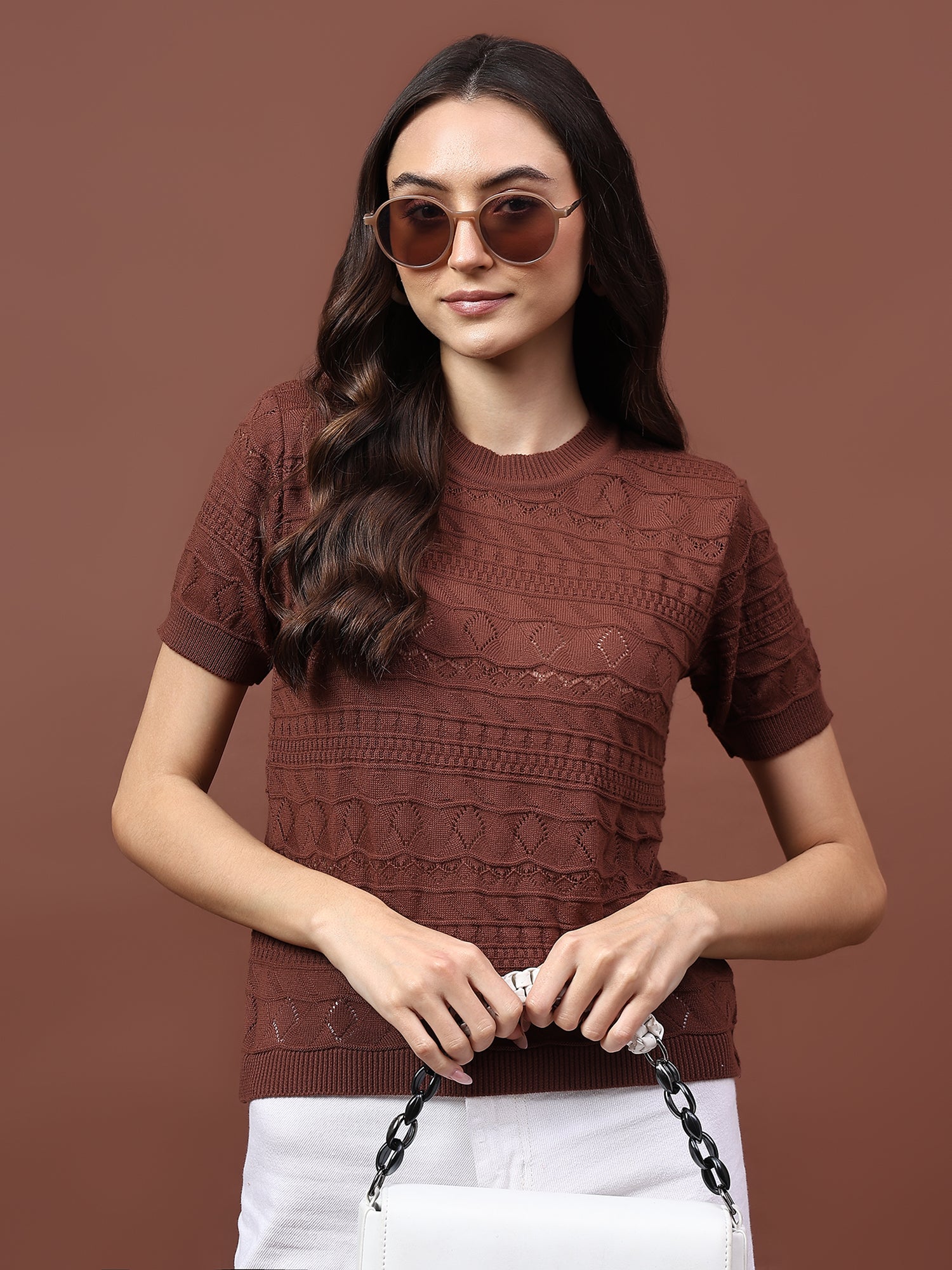 FEVERFEW Party Regular Sleeves Self Design Women Top