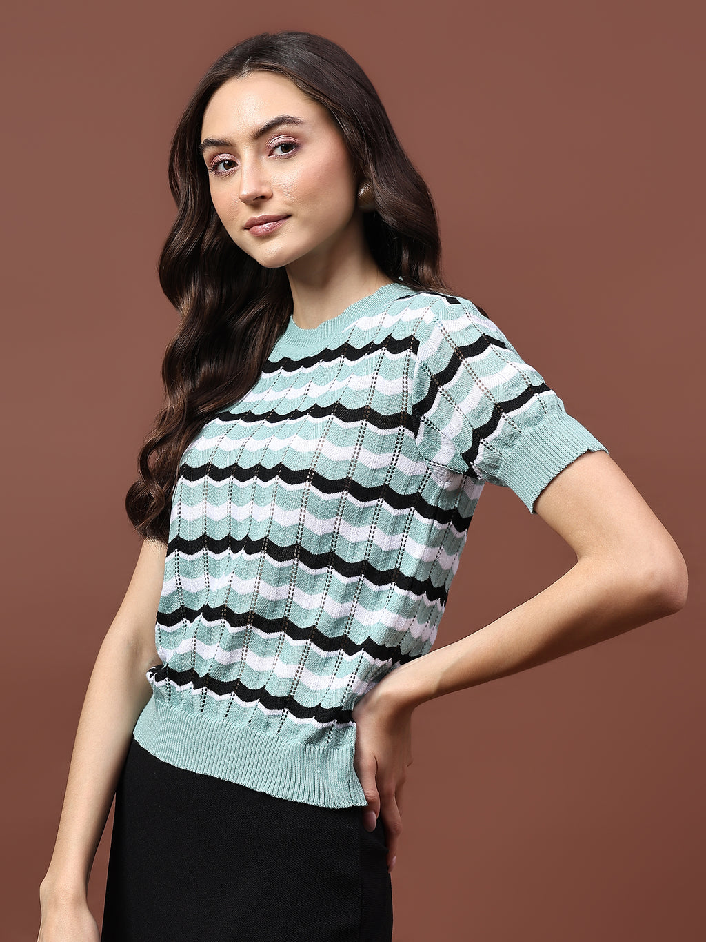 FEVERFEW Casual Regular Sleeves Striped Women Top