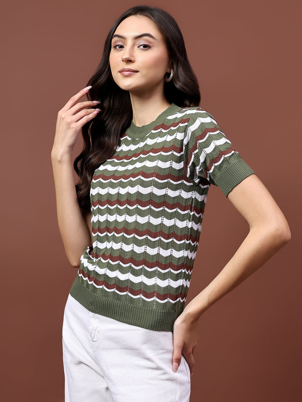 FEVERFEW Casual Regular Sleeves Striped Women Top
