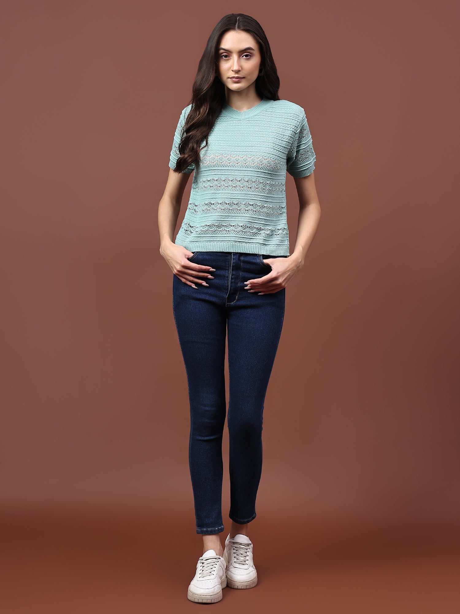 FEVERFEW Party Regular Sleeves Self Design Women Top