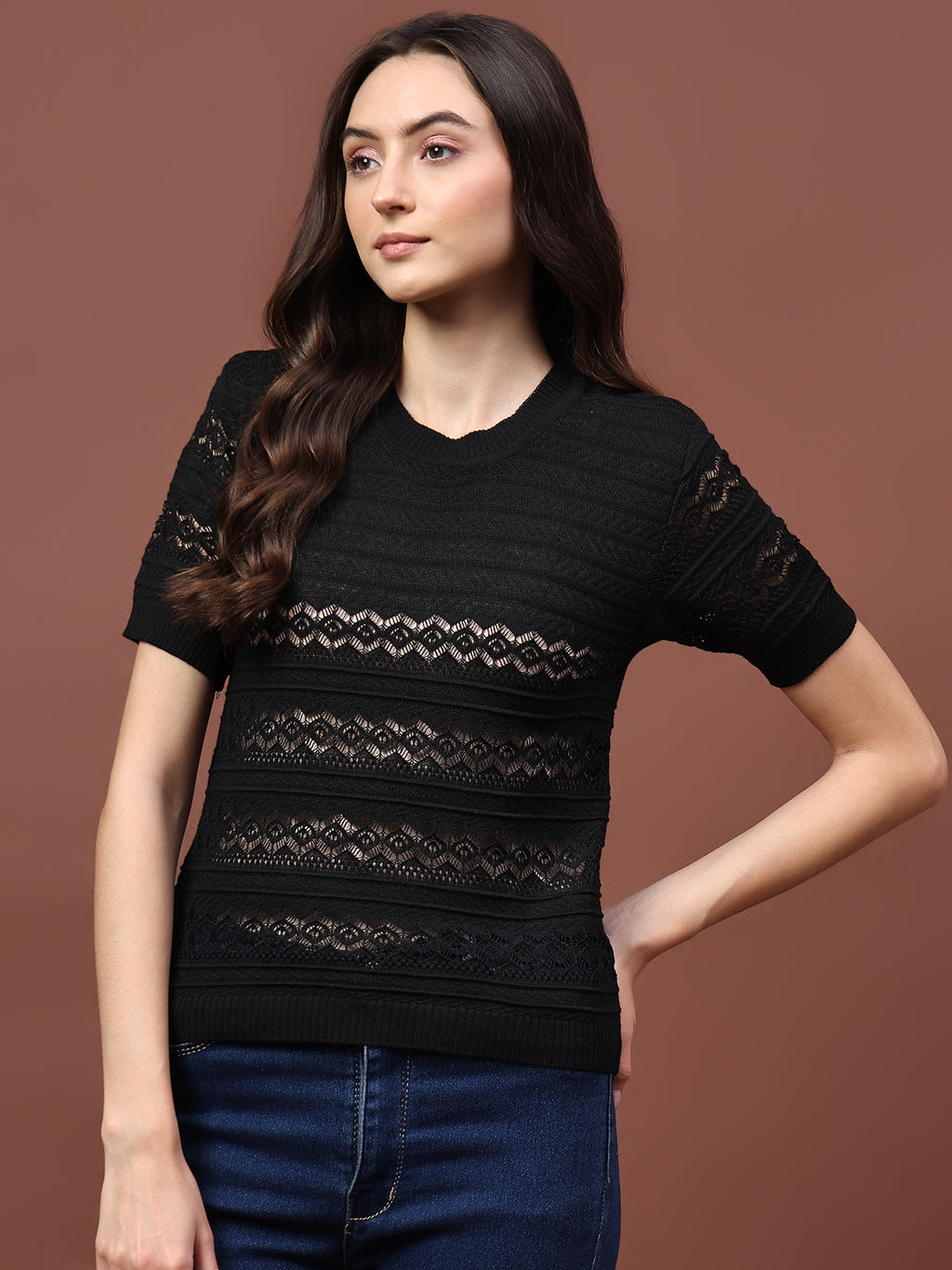 FEVERFEW Party Regular Sleeves Self Design Women Top
