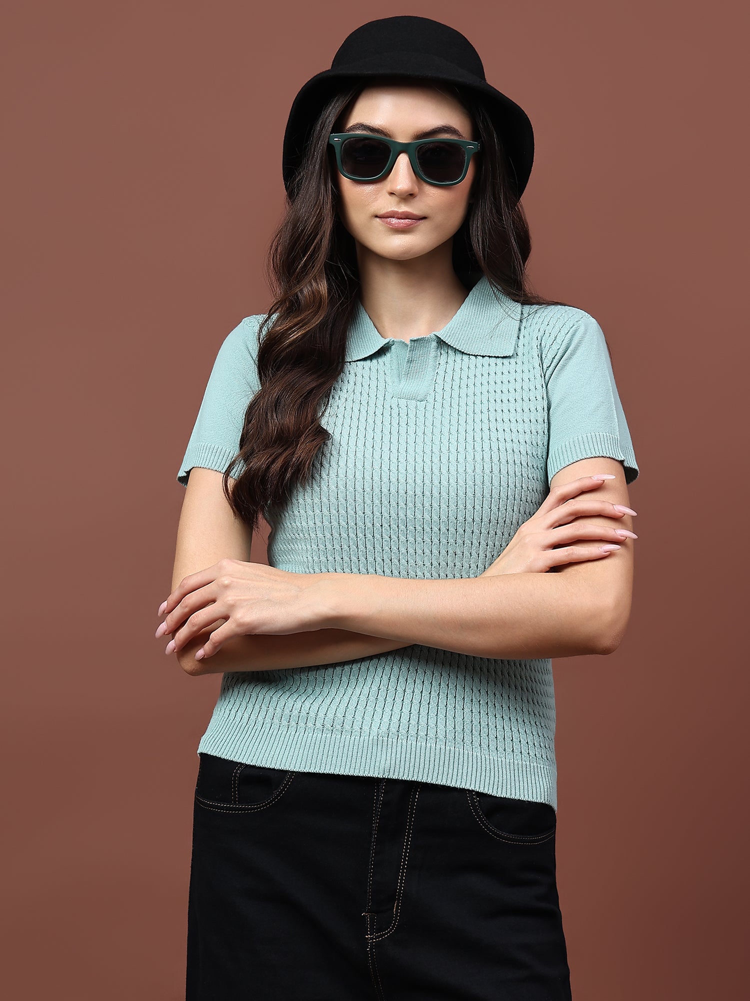 FEVERFEW Casual Regular Sleeves Solid Cable Knit Women   Top