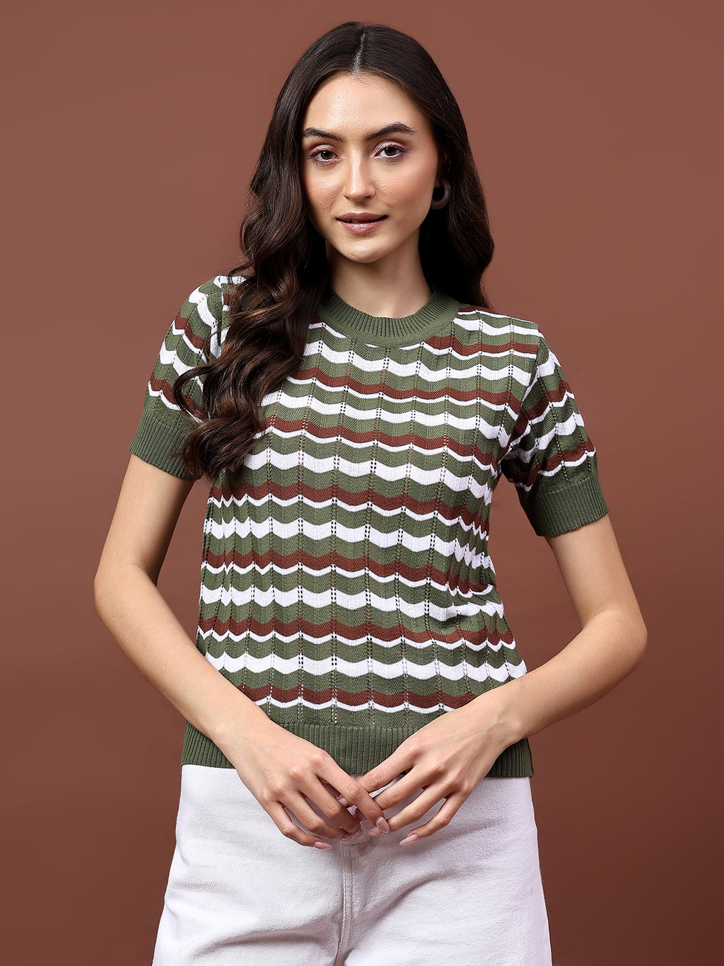 FEVERFEW Casual Regular Sleeves Striped Women Top