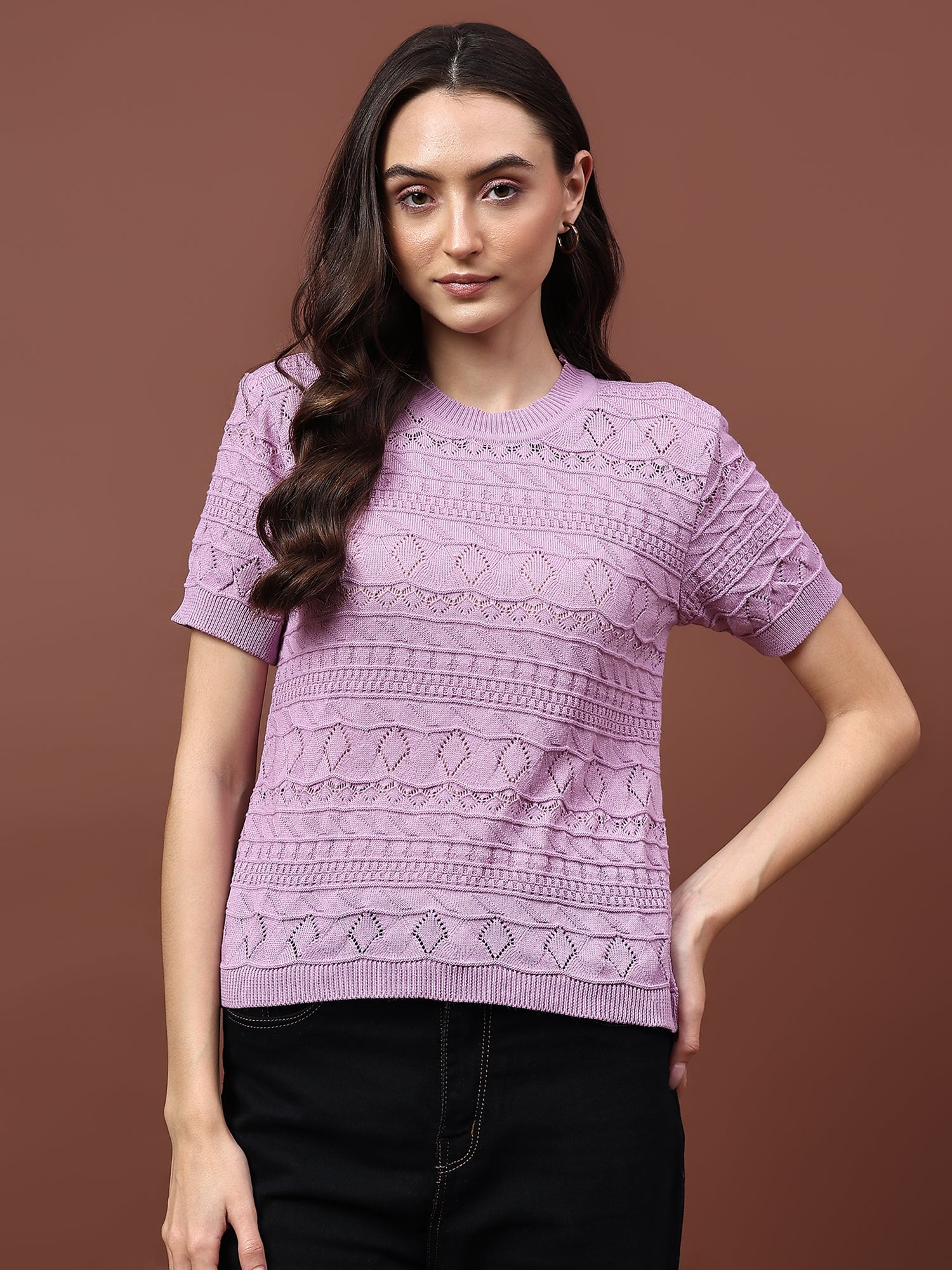 FEVERFEW Party Regular Sleeves Self Design Women Top