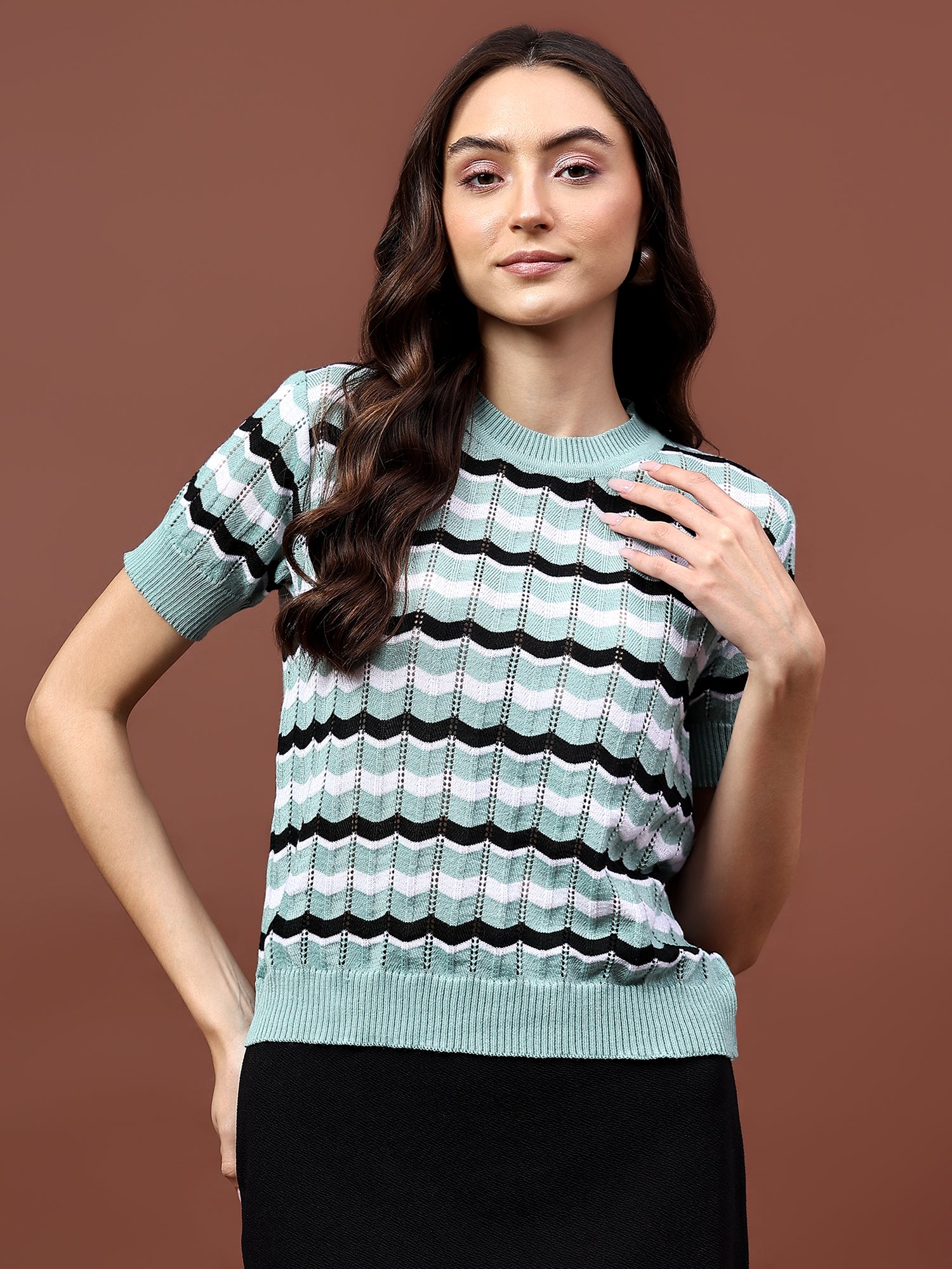 FEVERFEW Casual Regular Sleeves Striped Women Top