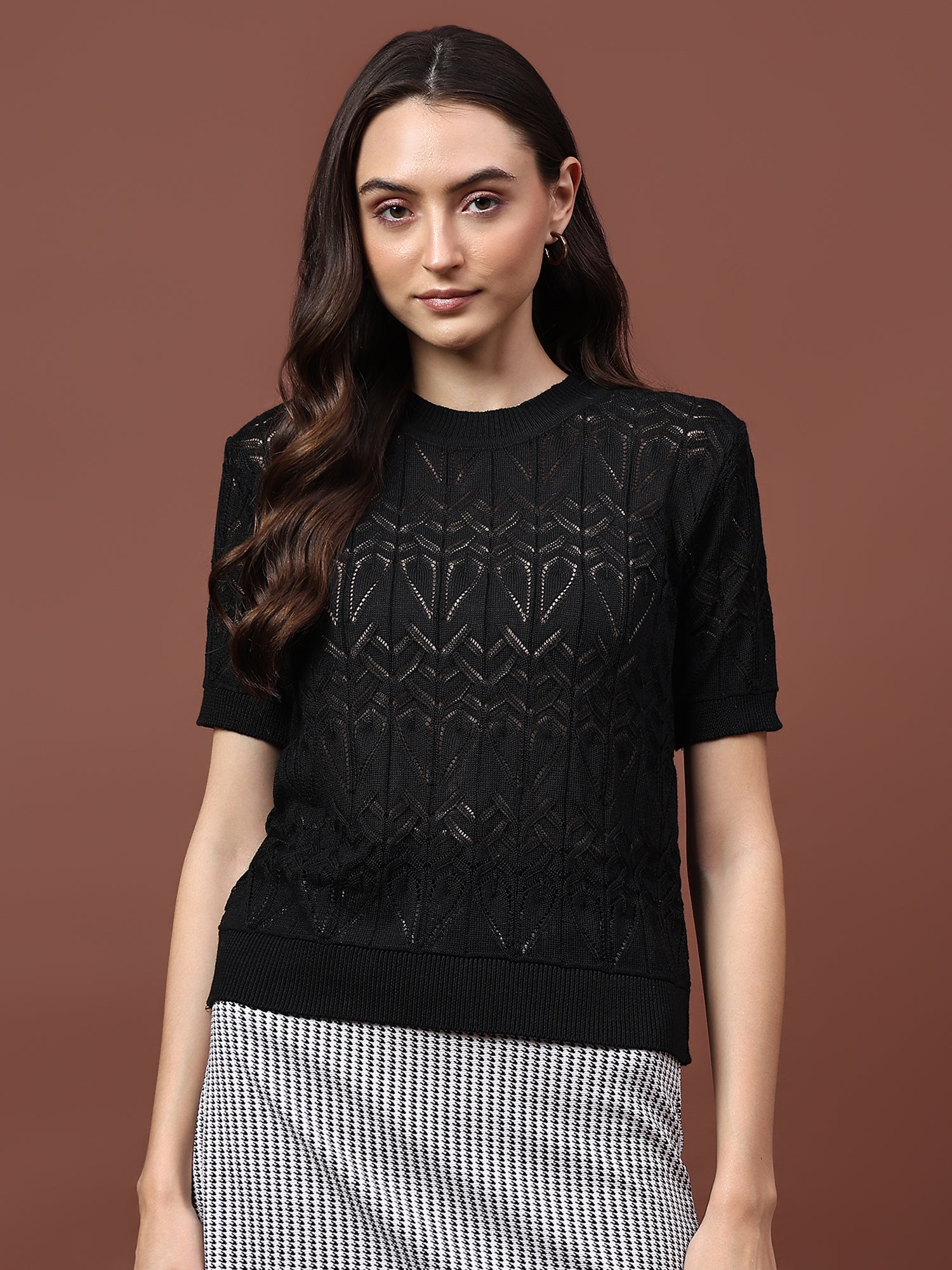 FEVERFEW Party Regular Sleeves Self Design Women Top