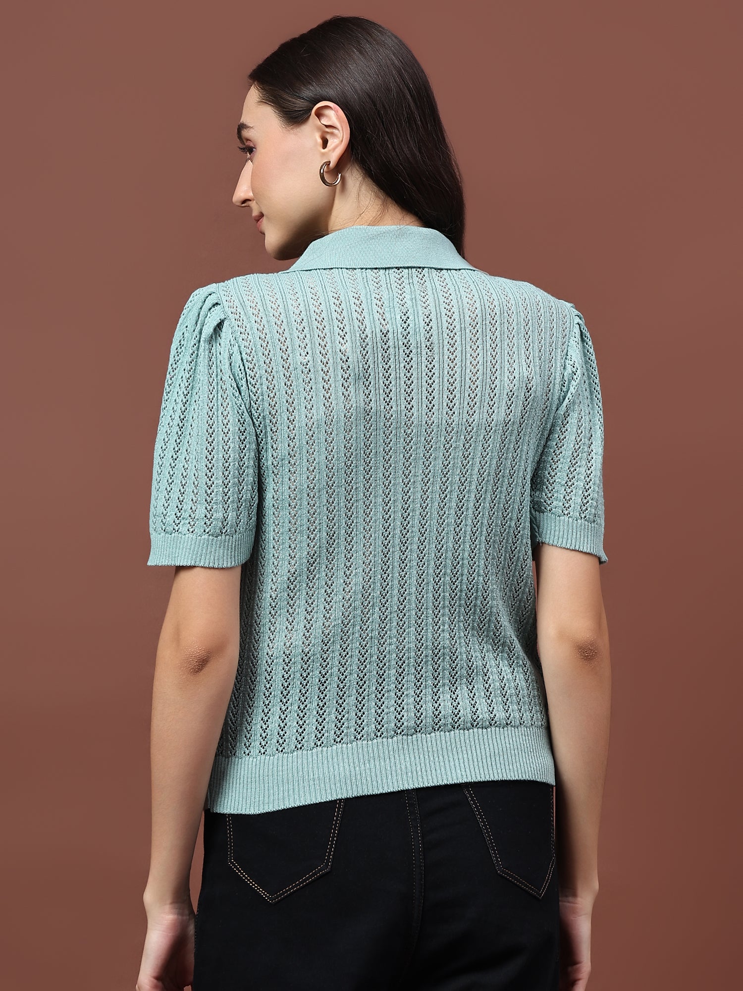 FEVERFEW Casual Regular Sleeves Self Design Women Half Zip Top