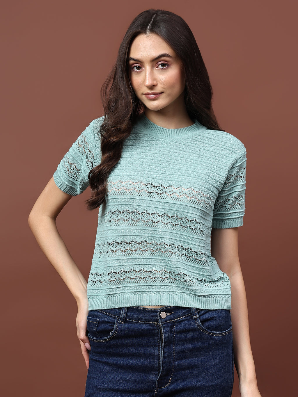 FEVERFEW Party Regular Sleeves Self Design Women Top