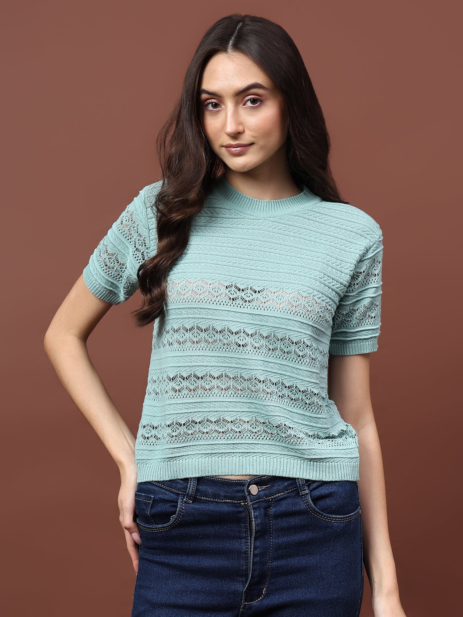 FEVERFEW Party Regular Sleeves Self Design Women Top