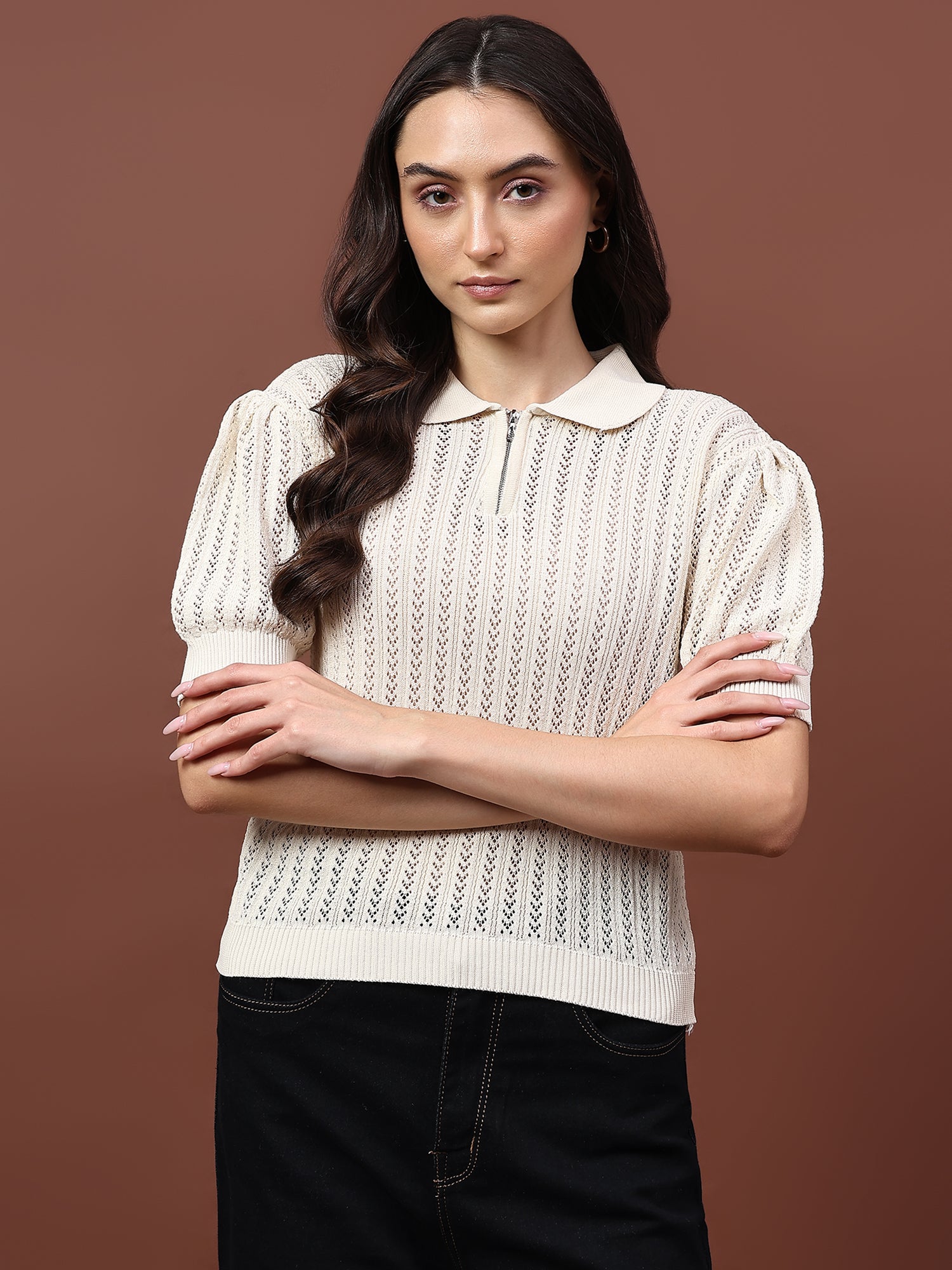 FEVERFEW Casual Regular Sleeves Self Design Women Half Zip Top