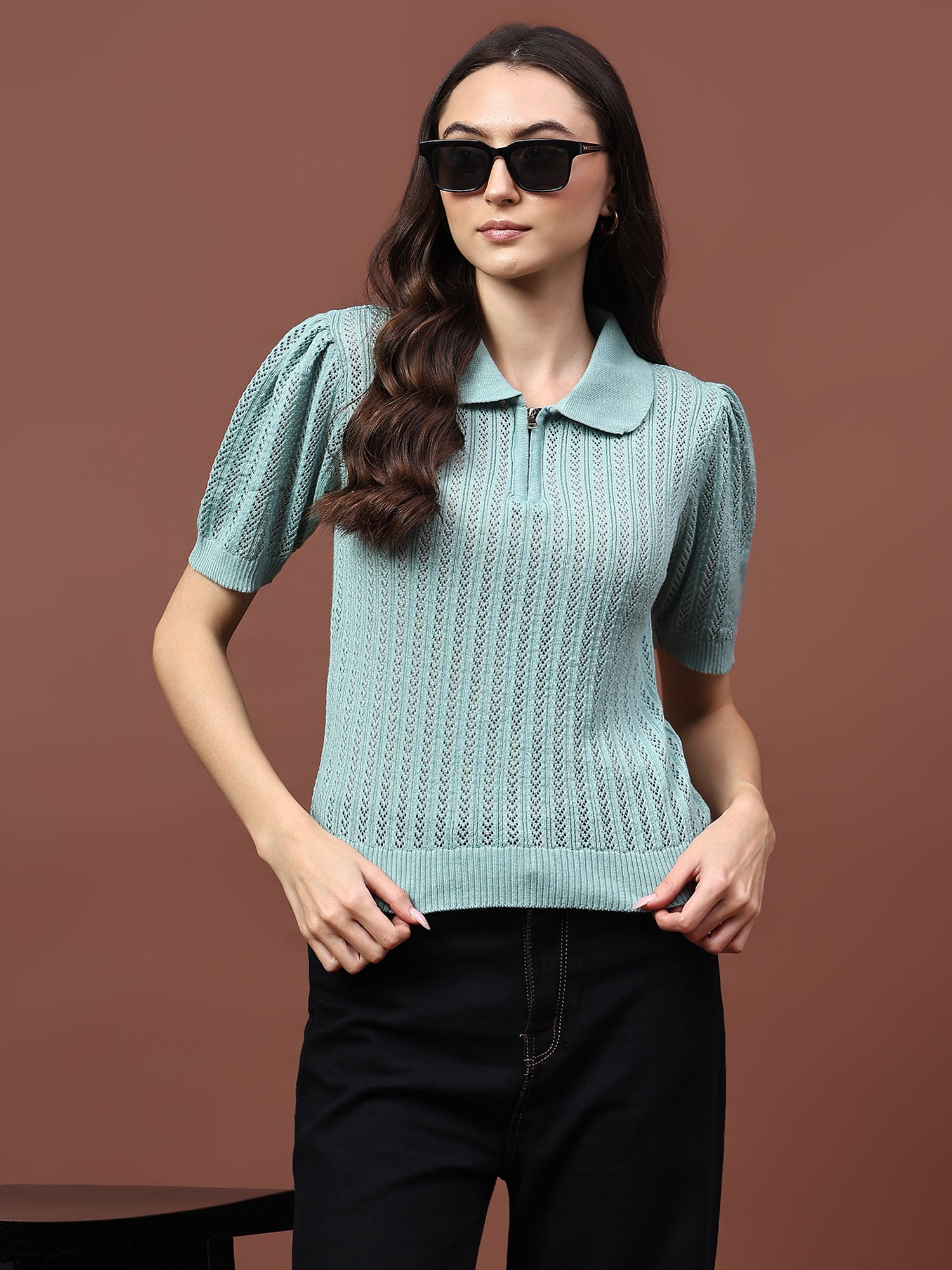 FEVERFEW Casual Regular Sleeves Self Design Women Half Zip Top