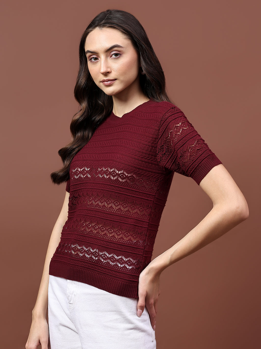 FEVERFEW Party Regular Sleeves Self Design Women Top
