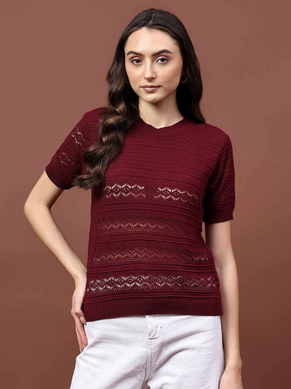 FEVERFEW Party Regular Sleeves Self Design Women Top
