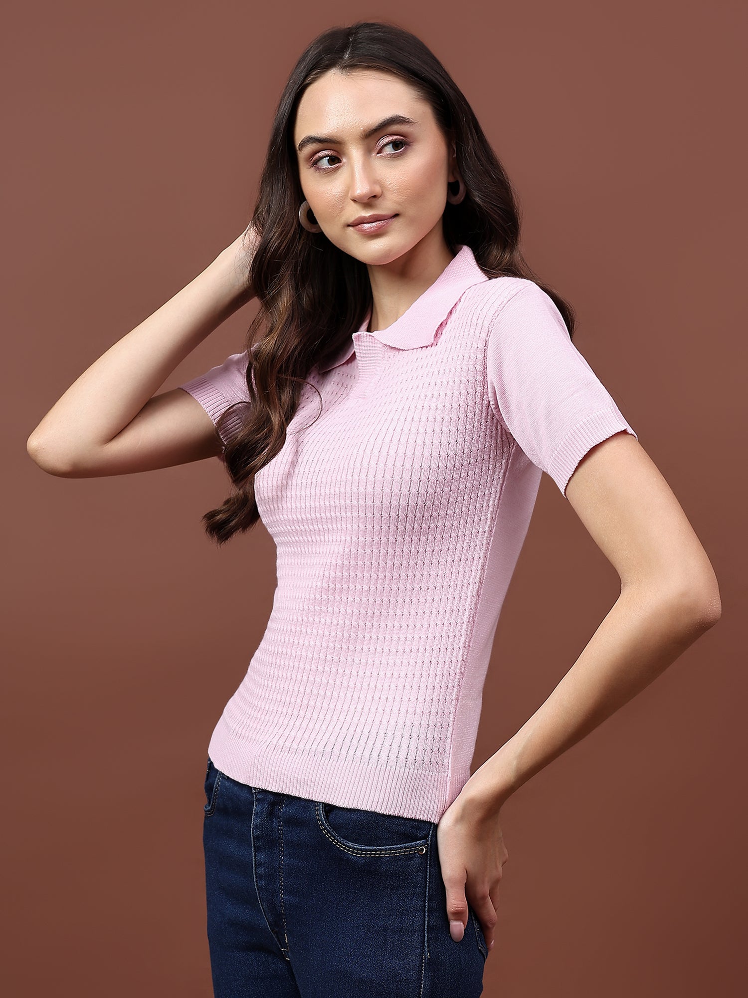 FEVERFEW Casual Regular Sleeves Solid Cable Knit Women   Top