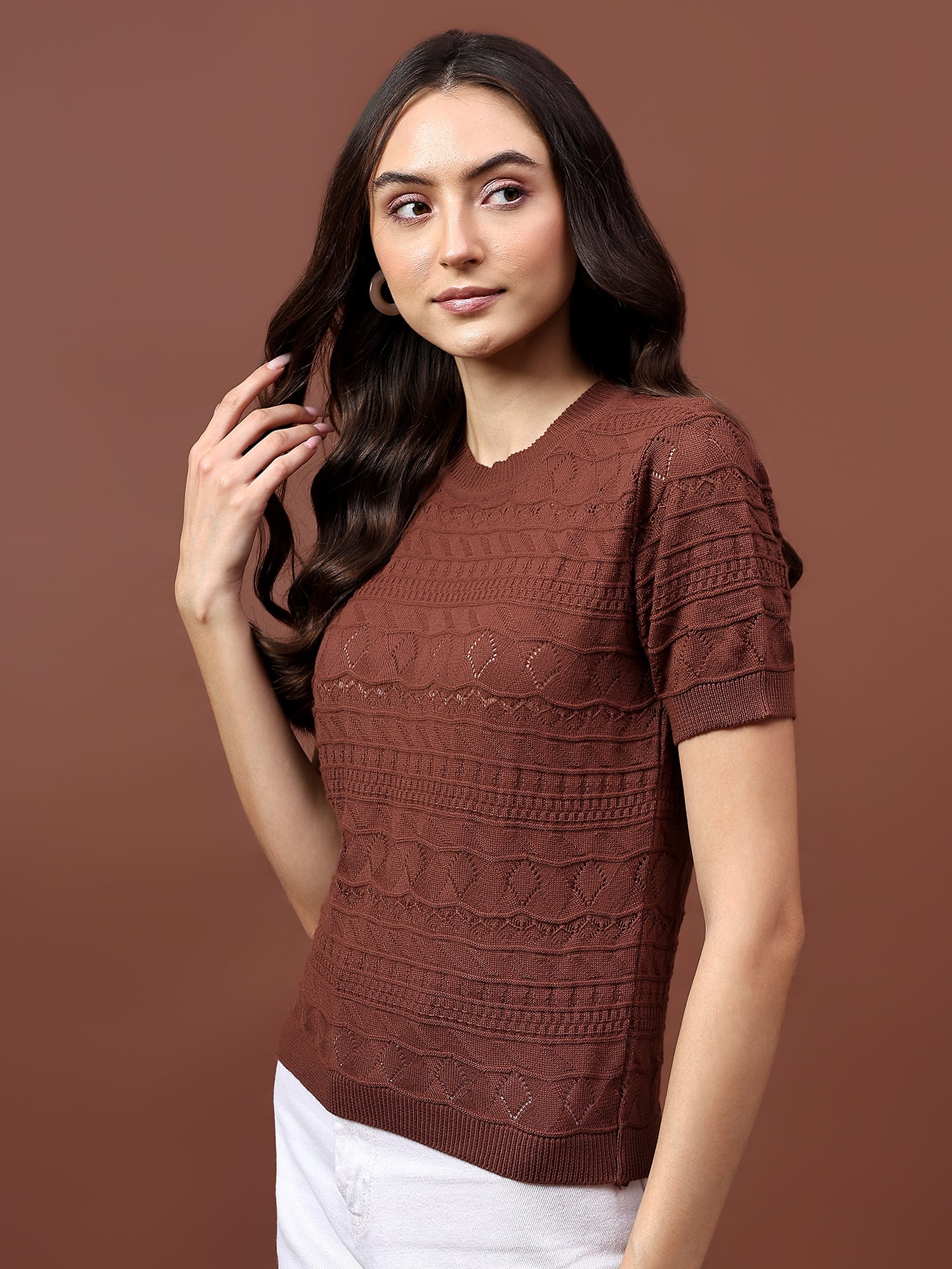 FEVERFEW Party Regular Sleeves Self Design Women Top