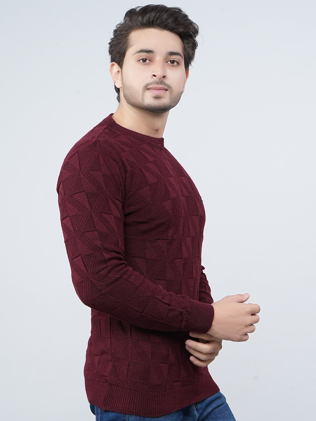 FEVERFEW Men Self Design Round Neck Sweater